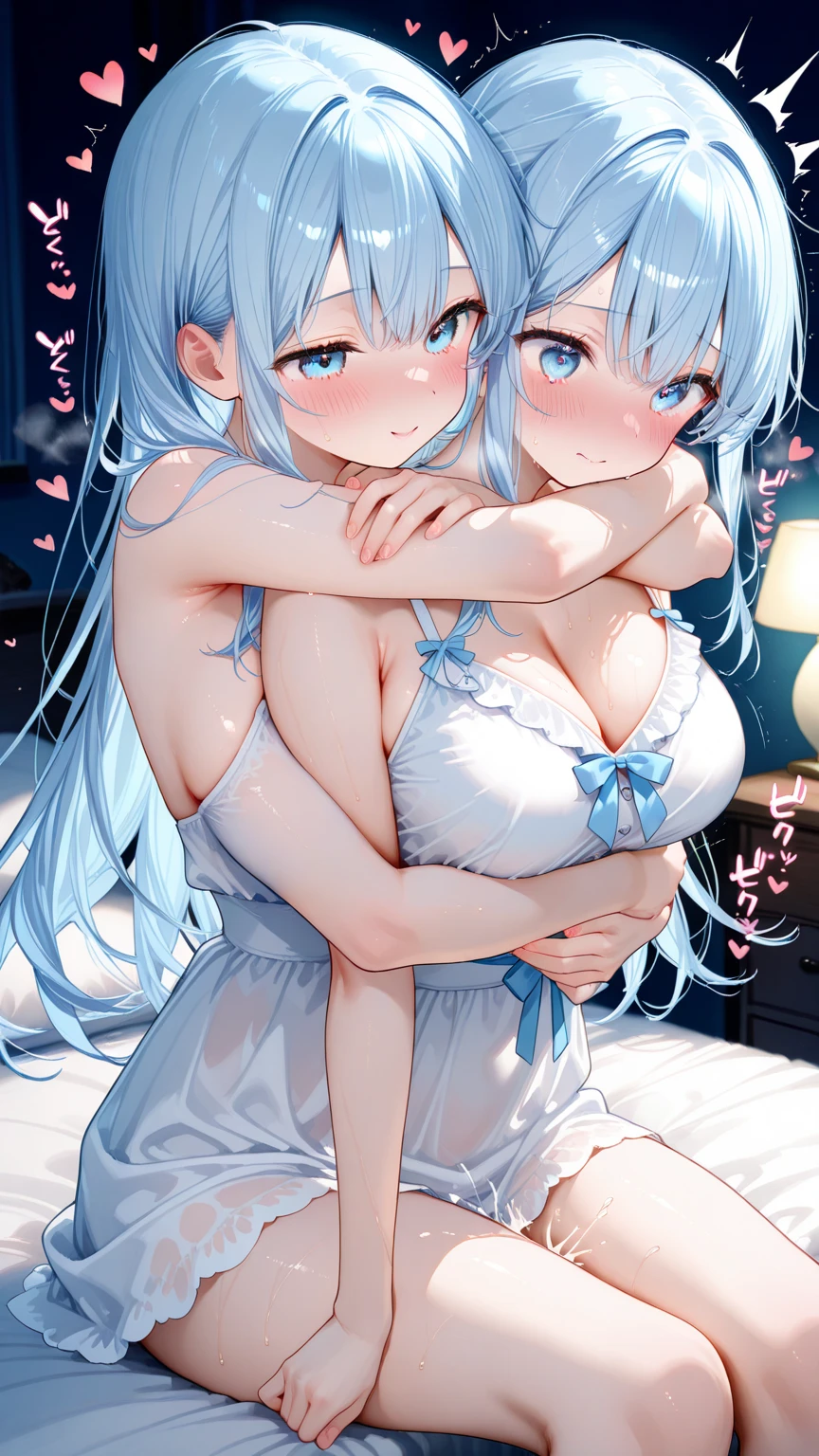 <lora:LaceTrimmedNightGown:0.9>,
lace-trimmed nightgown, see-through dress, 2girls, yuri, earrings, jewelry, , short hair, smile, cleavage, hairband, bed,, white choker, white hairband, blush, large breasts, thigh strap, choker, closed mouth, criss-cross halter, huge breasts, cowboy shot, collarbone, long sleeves, lace,s