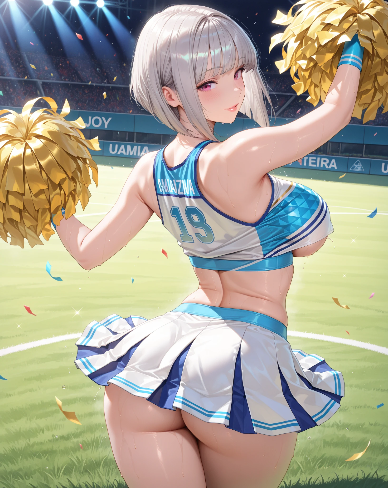 masterpiece, best quality, highres, idolmaster cinderella girls, 1girl, grey hair, short hair, blue eyes, large breasts, pom pom \(cheerleading\), cheerleader, blue skirt, mini skirt, blue camisole, smile, open mouth, spread legs, stadium, cloud, cowboy shot, (from below:1.2)