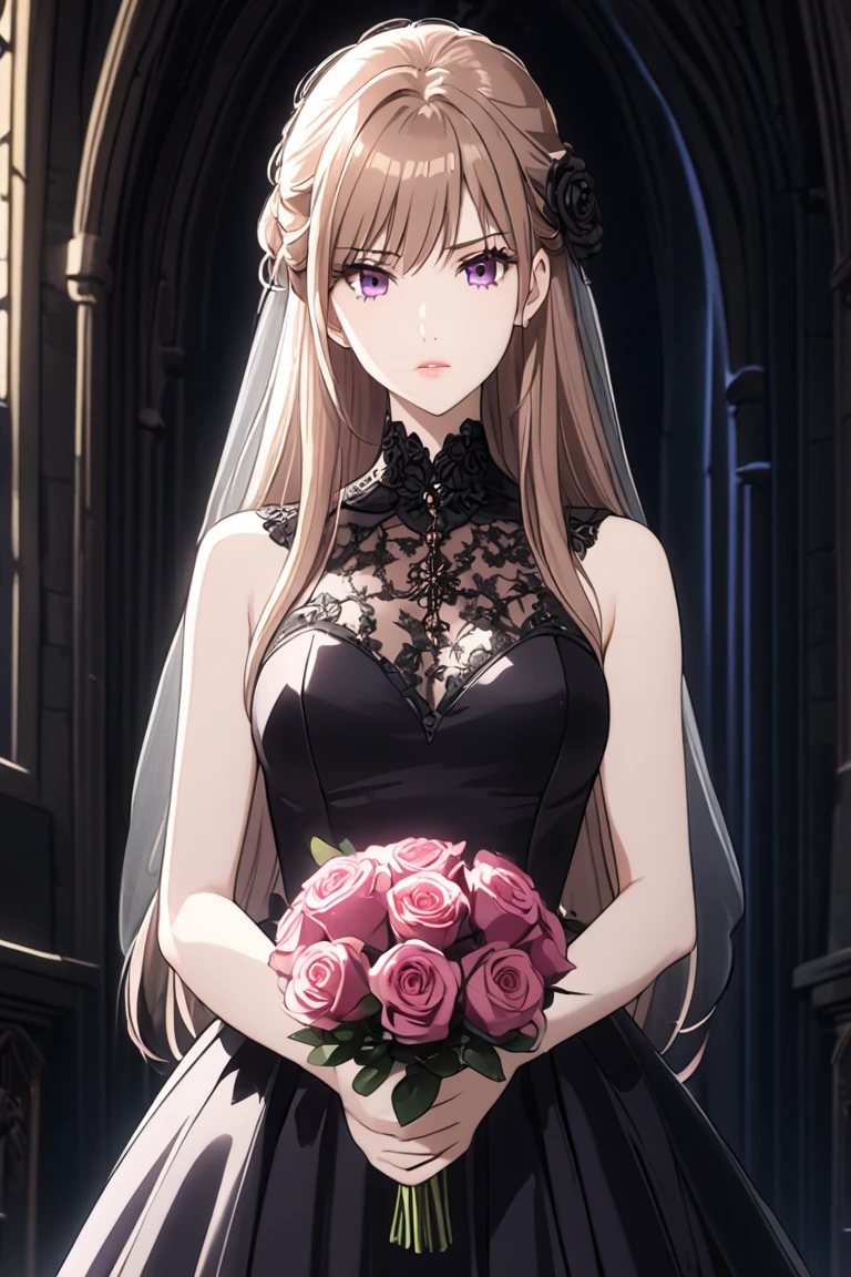 ((Highest quality)), ((masterpiece)), (detailed), (Perfect Face)、The woman is Princess Leona, with long light brown hair and a gorgeous, sexy and seductive black wedding dress with a gorgeous black wedding veil and gorgeous jewelry accessories.、In a luxurious church wedding hall, a woman is getting married, embracing the arm of a dignified and powerful middle-aged evil emperor dressed in a luxurious black outfit.、The woman has long hair