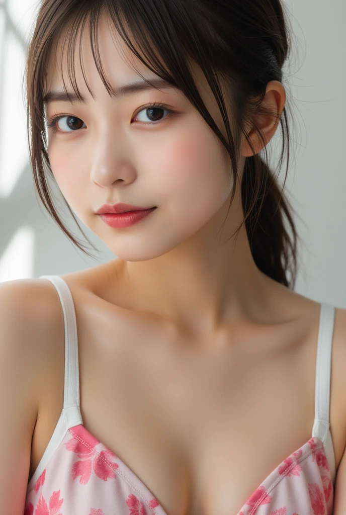 Close-up shot, 55mm canon lens, volumetric lighting, Fujifilm XT3 lens, pubic hair, upper body portrait, a young woman from Asia, Japanese, large breasts, muscular, sweaty face, pubic hair, 18 years old, happy facial expression, sweaty, cute face, fair skin, black hair, sweat, ponytail haircut, wearing lingerie, pubic hair,  room in the background, high resolution image, detailed texture, realistic depth of field