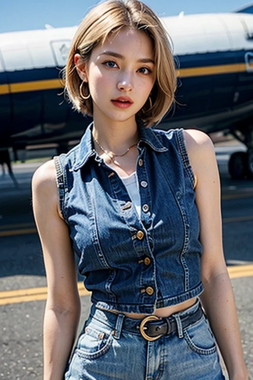 16k quality、top-quality, High resolution, Authentic Photos、((longshot、Full body like))、(((Dragon Ball Android 18))) 、((beautiful blonde girl))、Hair on one side hanging over the ears、(((straight blonde short bob)))、 ((Blue eyes))、((blue denim open front vest、blue denim micro 、blue denim setup、a black T-shirt、white streaks々long sleeve、black pantyhose、Wearing a belt、Brown boots))、((plain black T-shirt、 black pantyhose))、Voluptuous thighs、Emphasis on the thighs、(The chest of the vest is open)、F Cup Big、(raise her legs high、 open)、 (((open the legs widely、Her denim skirt is flipped up and her white  are visible.:1.2)))、((dynamicposes、Her legs are spread apart and her white  are visible through her skirt.)）、Female sexy、((In a ruined futuristic city、In front of the collapsed building:1.5))、 (Cute 10 year old Japanese girl、Face the front and look at the camera)、Perfect body、perfect hand、perfect hand指、(Supermodel with long legs)、Detailed and beautiful lips、Clear and beautiful face and well-proportioned eyes, ( Very beautiful and discreet makeup, Light makeup、well-formed nose、tthin eyebrows)、 (Soft light, High quality, Smooth and sharp, 10x pixelated, Beautiful eyeshadow: 1.8),  arousing、smil、Delicate body、Slimed、Realistic body、Textured skin、Light-reflecting skin、detailed finger、beautidful eyes、long eyeslashes、８Head and body、low angles、Light in the eyes、Smaller face、二重まぶた、Slender eyes、lipgloss、Looking at the camera、Background bokeh、Movie lighting from the front、Light on the face