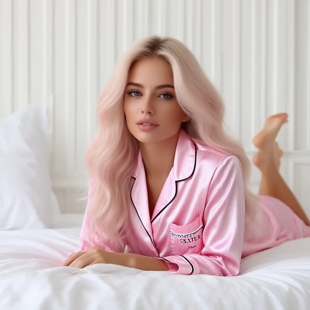 garota, 18 anos com olhos azuis, grande ultra realista, thick lips and glossy light pink lip gloss Meticulously detailed, cabelos longos, maquiagem natural rosa claro muito natural, Looking directly at the camera, maquiagem rosto angelical, Stunning natural full body in a pink robe. em cima da cama.