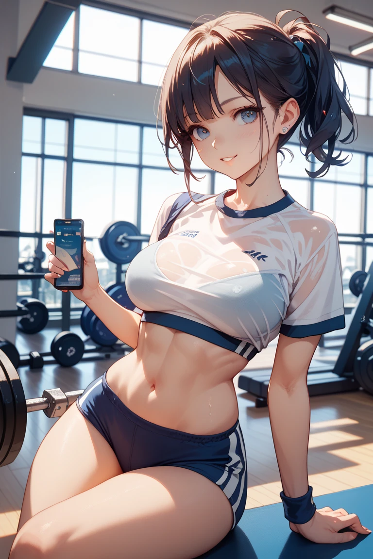 top-quality、Full limbs、complete fingers、Slender beauty、1人の女性、Woman with dark hair、Women with straight hair、Shorthair woman、Beauty busty woman、((White short-sleeved gym uniform that covers the upper body))、((Dark blue high-leg bloomers))、sexypose、A big smile、Women's locker room