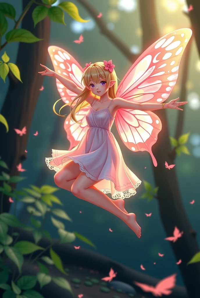 ( Absurd, High quality, ultra-detailed, masterpiece, concept art, smooth, highly detailed artwork, hyper-realistic painting ) , tiny , strawberry girl, Strawberries, cute, whole body, Romantic, Vivid, dreamy, fantasy, fairy wings, in the forest, enchanting glow, very detailed art, reveal clothes, sexy lace underwear