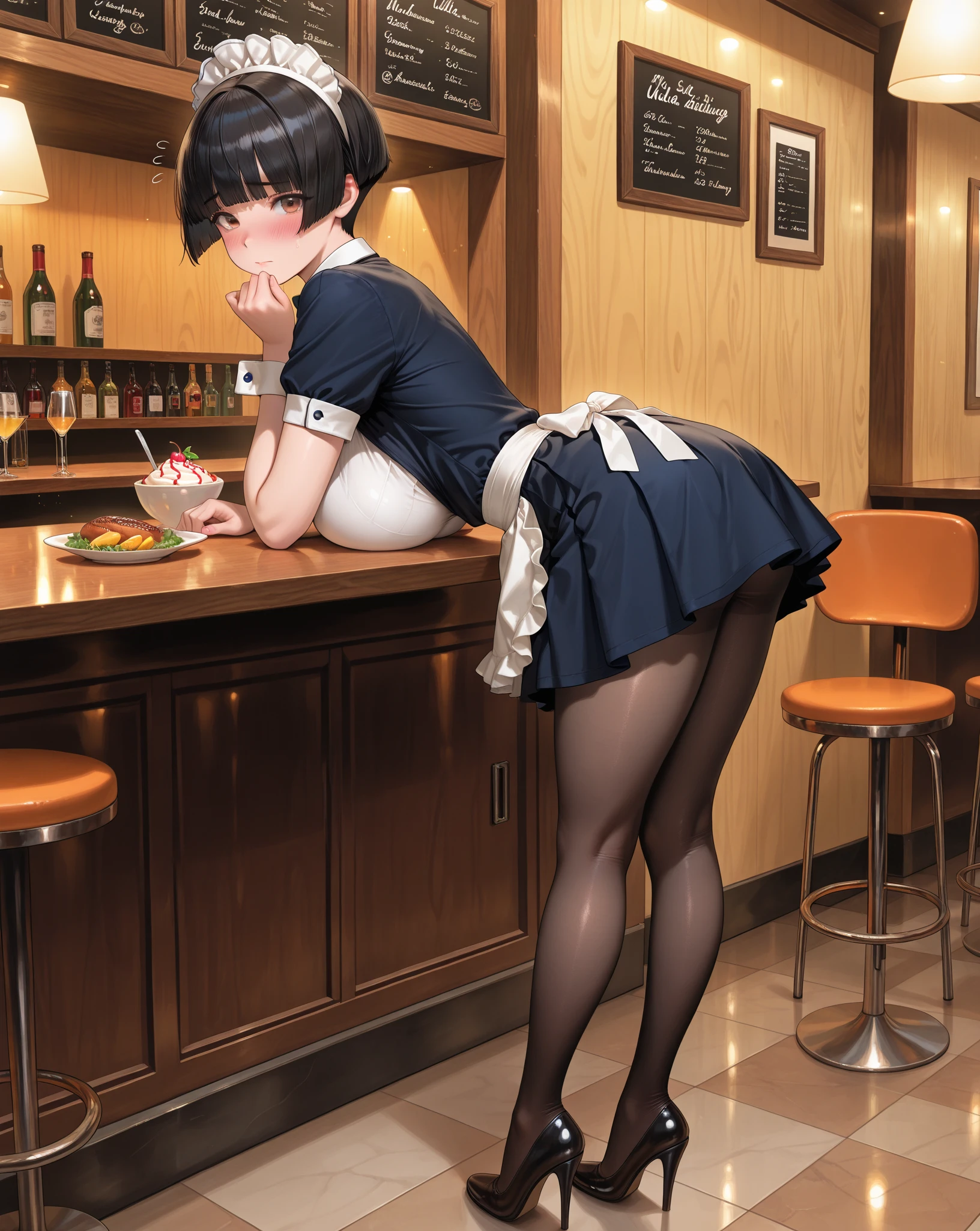 (masterpiece:1.2), (best quality:1.2), (extremely detailed:1.2), (extremely detailed face), 1girl, big breasts, fit and petite body, black hair, short hair, maid, black choker, hair ornament, black thighhighs, japanese clothes, detached sleeves, sitting on the chair, 
<lora:ass_support_object_v0.2:1>, ass support, view from behind, 
beverage on the counter, shelves, in luxurious tavern,