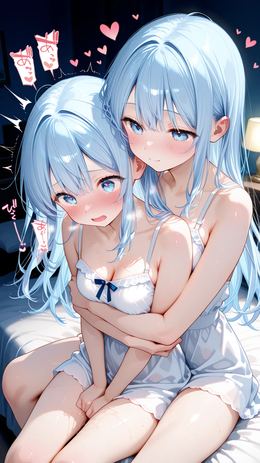 front view,2girl,Beautiful girls aged 15 and 12,two people standing side by side,Japanese,Small and slim,Flat Chest,Small breasts,Baby Face,Small face,Row Twin Tails,Grey Eyes,middle School girls,Sexy Lingerie,open mouth,tongue out,front face,Kneeling and sitting,Hands behind back,Beautiful and detailed anime art,Ecstatic expression,front view,high angle, looking at viewer, looking ahead, from above,face focus,Sexy vibe,cum on tongue,On the bed,Dimly lit room