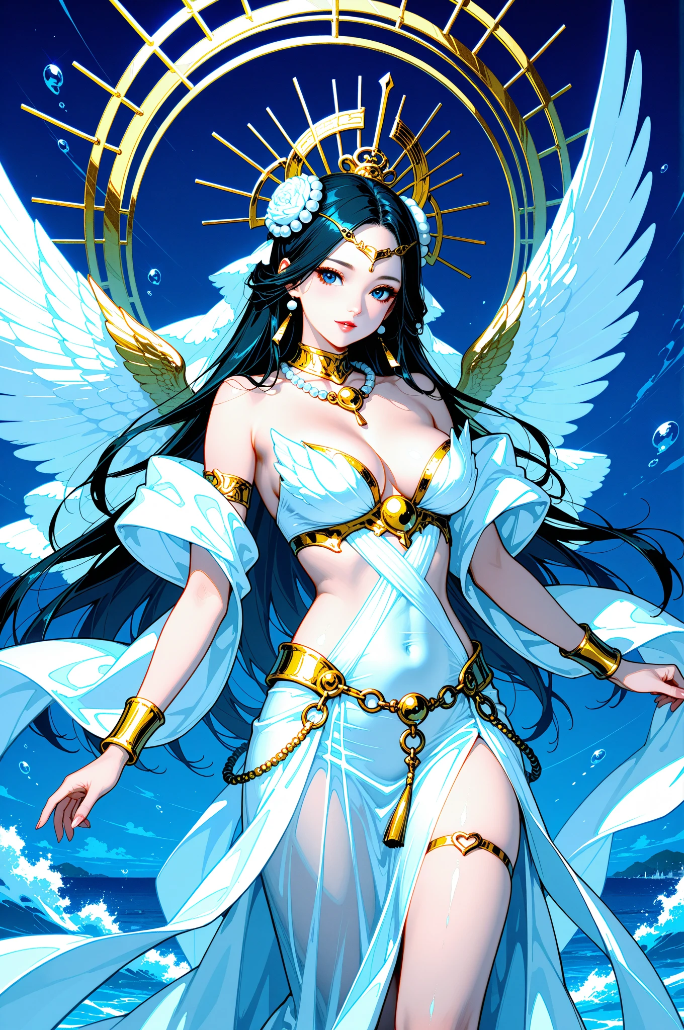 Fairy national style, fairy white clothing, white headdress, transparent eye patch, large breasts, half nude