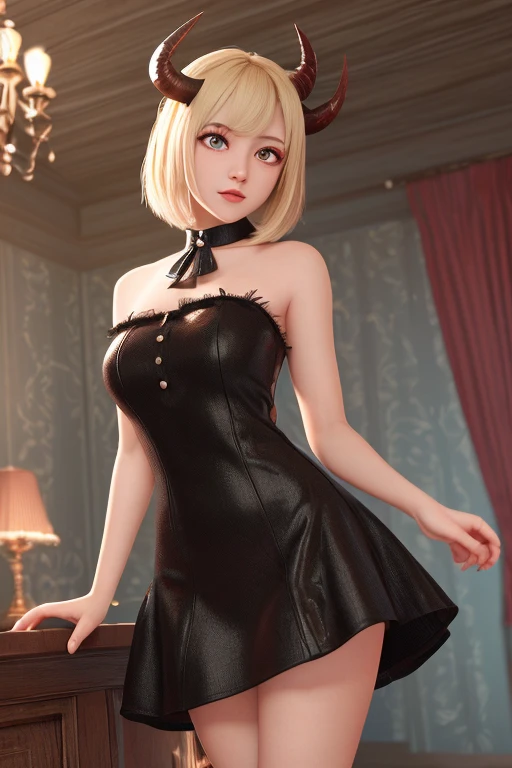 Gwen spider, shorts dress, armpits, ojos azules, blond hair, short hair, hair ribbon, black dress, nude.