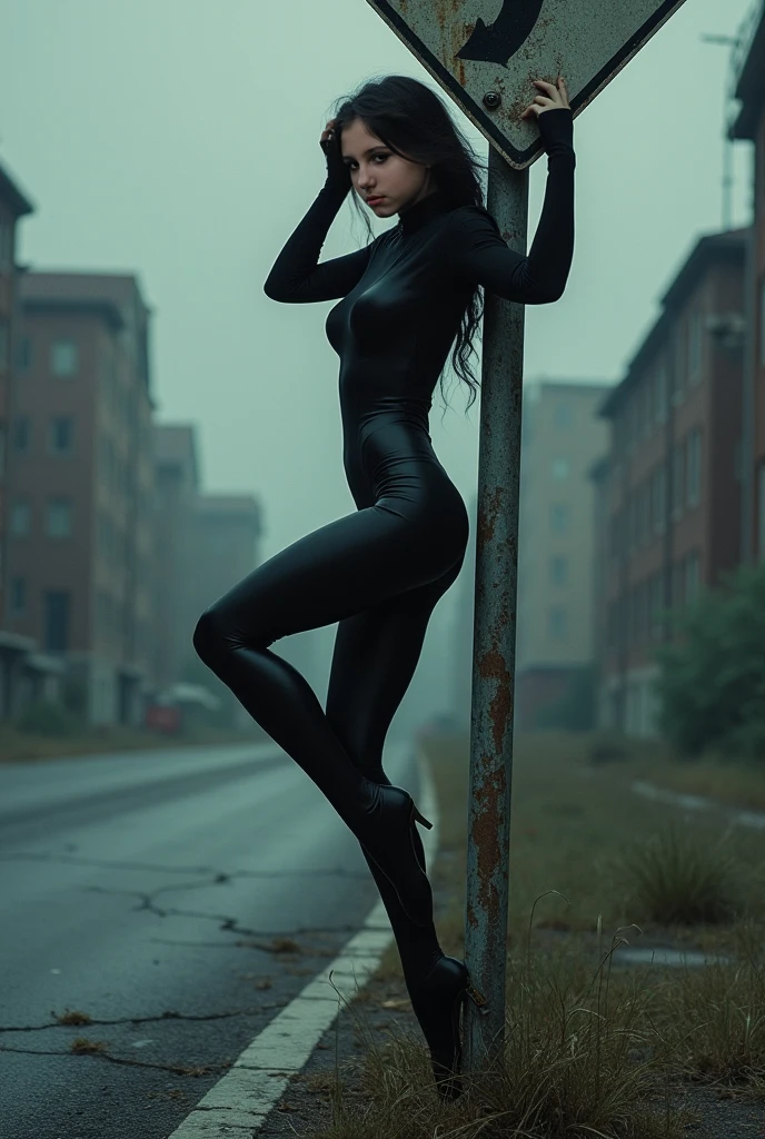 
woman sitting on the fence in a dark green skin-tight dress and long, curly, slightly voluminous hair and big ass
