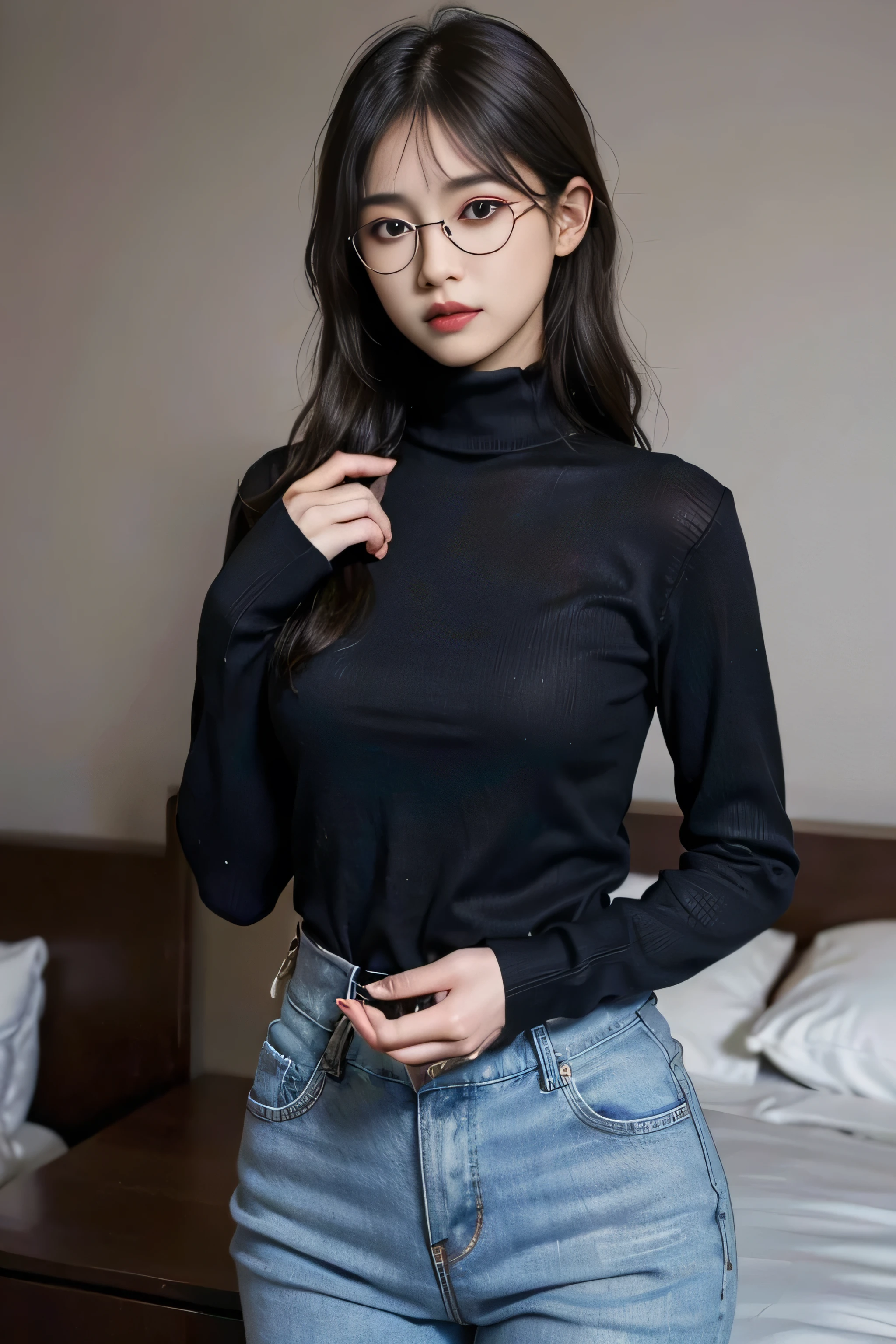 masterpiece, high quality cg, anime, illustration, best quality, 1girl, bound, bondage, beautiful face, detailed face, cowboy shot, dokkaebi, 1girl, solo, looking at viewer, black hair, braid, glasses, black gloves, belt, pants, black eyes, twin braids, streaked hair, black headwear, bodysuit, black pants, round eyewear, black bodysuit, beanie, hair behind ear,