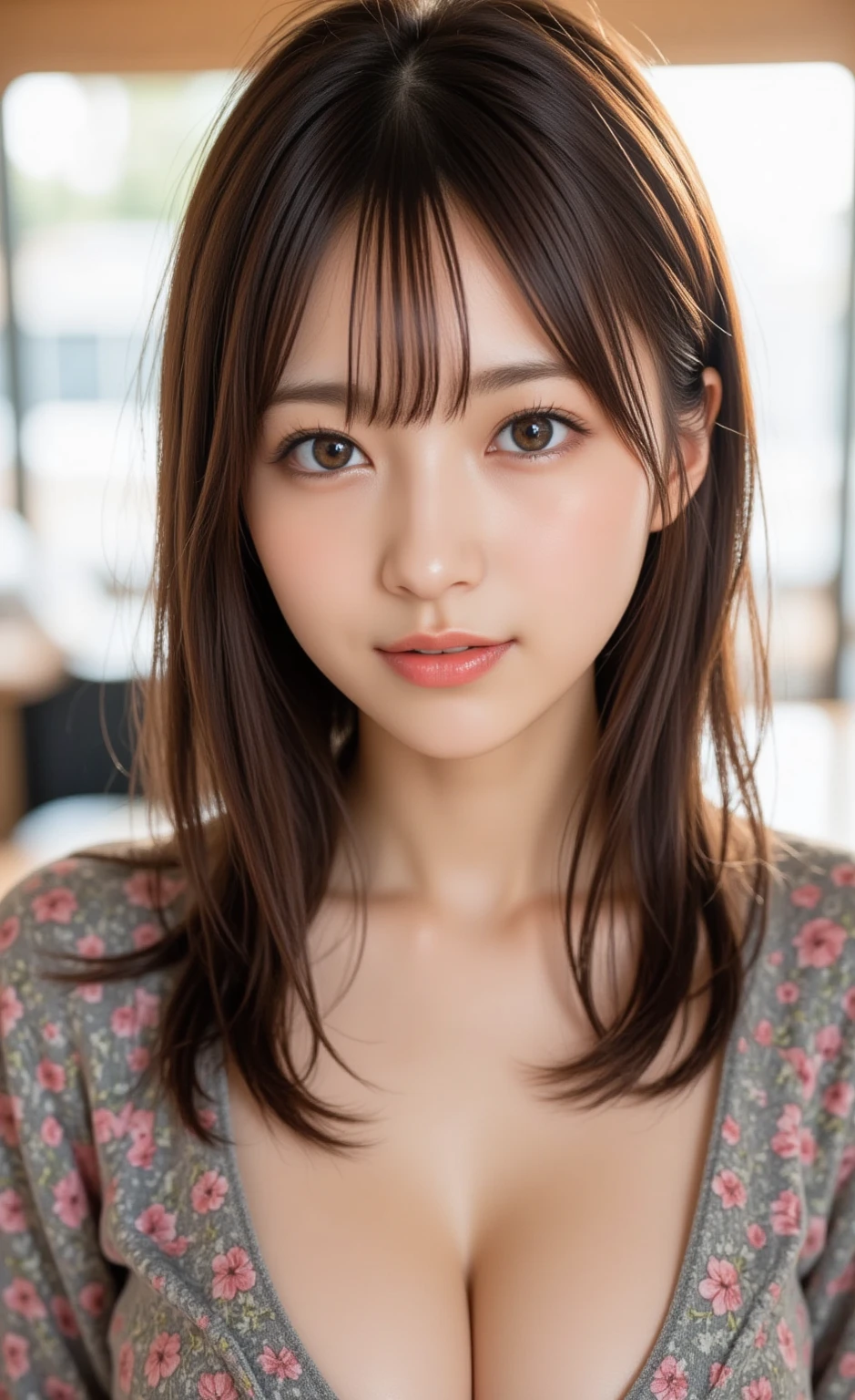 masterpiece, highest quality, 8k, 20th Generation, Large Breasts, cute, alone, sad, cute, girly, Delicate girl, Pure beauty,  RAW Photos, Professional photography, Portraiture, Soft Light, Professional Lighting, Backlight, Upper Body, avert your eyes, Sophisticated, Film Grain, (Eye and facial details:1.0), floating short hair, beautiful, Flowing Hair, bangs, (Cardigan on the skin(Dusty Pink))、(Large Breasts:1.4)、I can see your chest、Odd Eye、Heterochromia iridis、Heavy dolly make-up