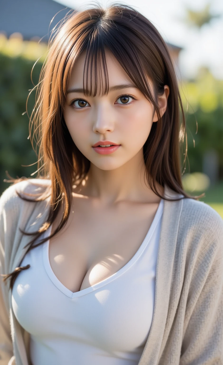 masterpiece, Best Quality, 8K, 1girl, True human hand, true human finger, 14 years old, face closeup, Cute, Feminine, Delicate girl, Neat and clean beauty, medium breasts, glow, Looking away, Raw photo, F /1.8, 135 mm, NIKON, Anatomically correct, bokeh, Textured skin, Professional Photography, Portrait, Soft light, Professional Lighting, back light, Film grain, (Eyes and face detail: 1.0), brown hair, medium wave hair blown by the wind, bangs, silk shirt, breasts visible with pink nipples