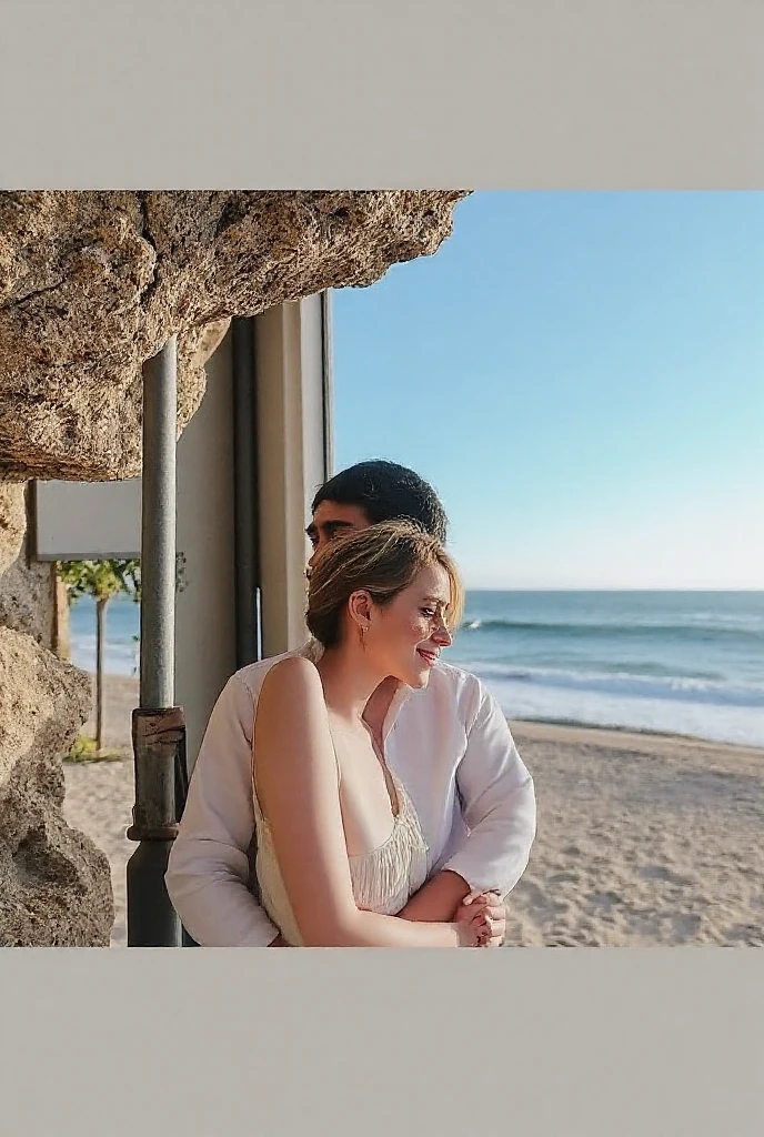Couple in love hugging and kissing on the balcony of a building, um homem ((30 anos,pele caramelo, com cavanhaque, corte buzz)) E mulher ((americana, 25 anos, pale skin and freckles, olhos cinzas, nariz delicado, soft and delicate lips, cabelo blondie cinza longo e ondulado)), dinamic poses, ultrarrealista HD altamente renderizado fotorrealista, luz natural do dia, Fuji Camera, foto de corpo inteiro, sun illuminating