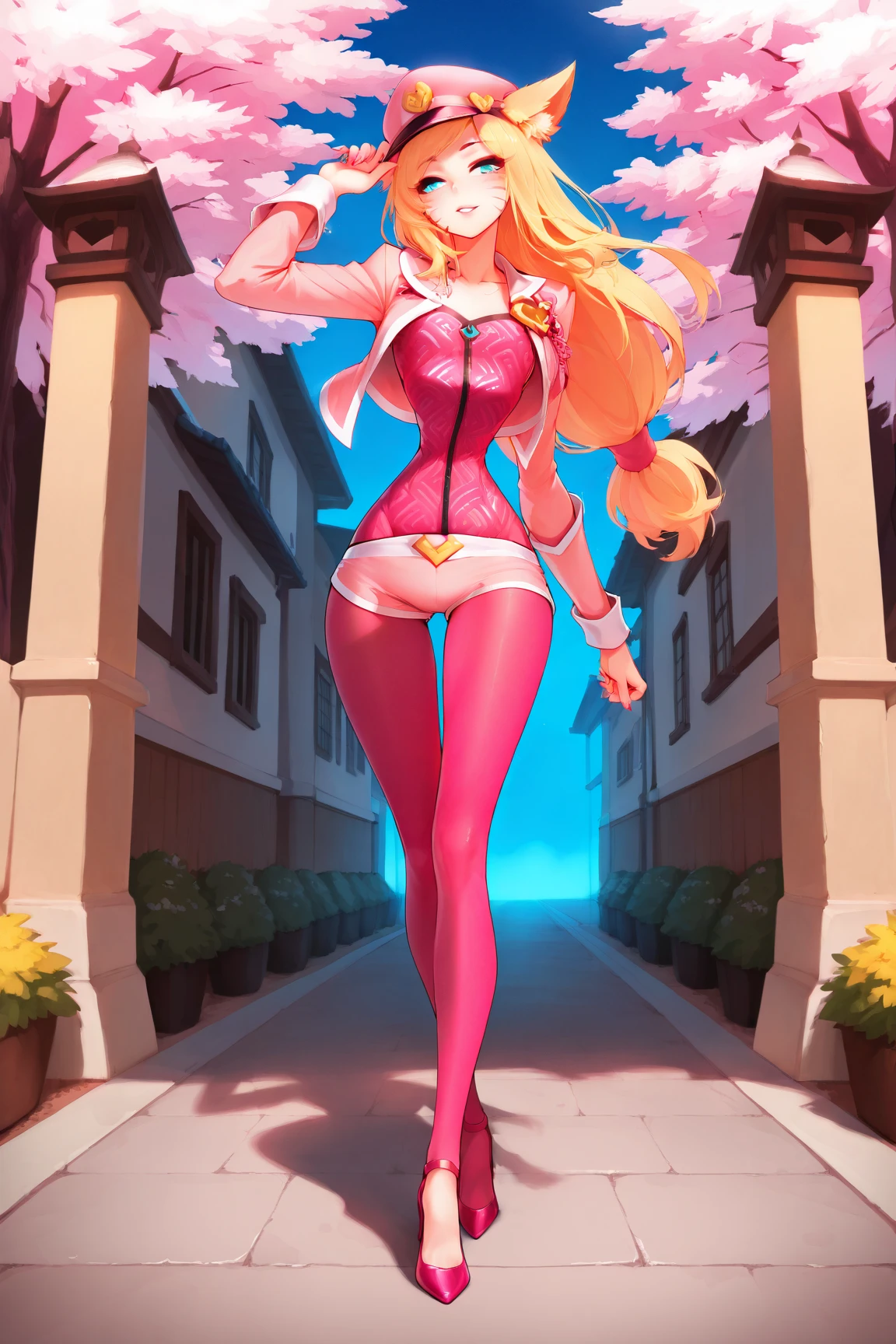 ((masterpiece)), ((best quality)), ((highres)), 1girl, solo, superhero, bare legs, ((matching pink knee boots, matching gloves)), sleeveless, looking at viewer, city backdrop, perfect hands, perfect eyes, perfect legs, perfect arms, perfect fingers, medium breasts, ((medium pink leotard)), standing, blonde hair, long hair, blue eyes, cute face, hair down, bangs, (cleavage cutout, heart cutout), (white thigh high pantyhose)