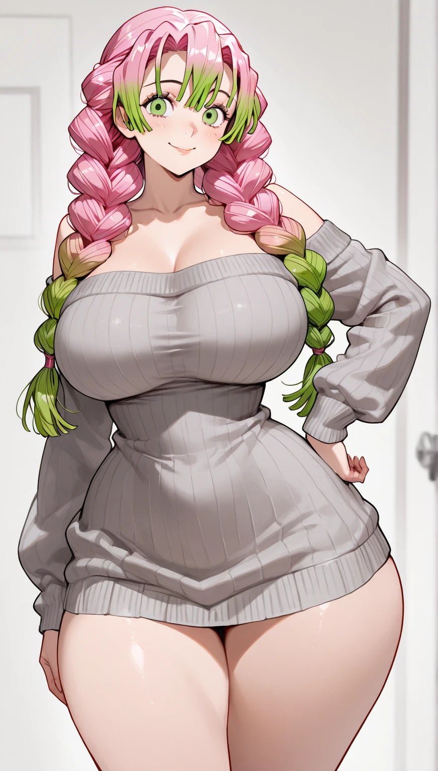Mejor calidad, mujer madura solitaria, pechos gigantes, culo gigante, muy curvas, pelo largo trenzado, pale pink eyes, labios, seductor, sonriente, (hermosa mujer madura ) (COW PENCIL SKIRT) (pelo azul) (SFW) (BIKINI DE VACA SFW) (PECHOS GIGANTES SFW) (BOCA ABIERTA MOSTRANDO LA LENGUA)