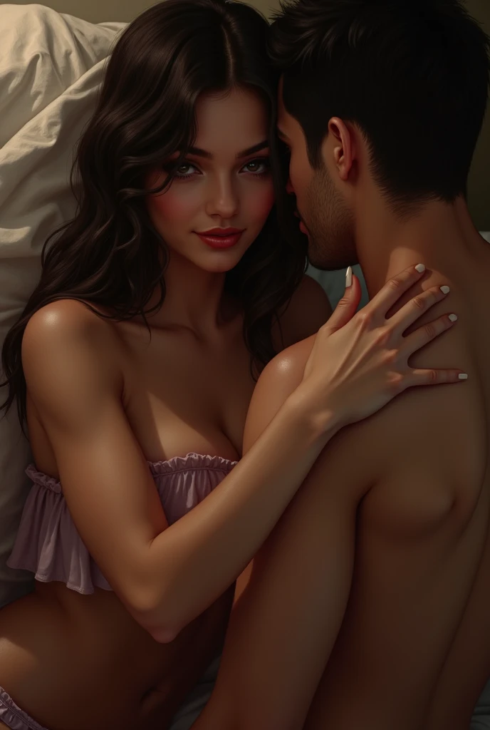 (highres,realistic:1.2),beautiful,cute mother and teen son standing in bedroom, wearing sexy pink pajamas, big cleavage, busty mother ,from behind , son and fuck her