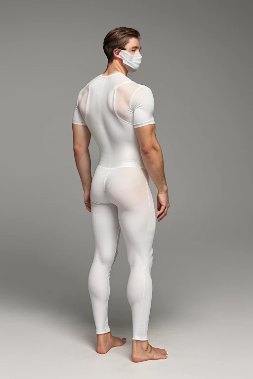 Asian,male,Muscular,ballet,White long sleeve unitard,White toe shoes,erection