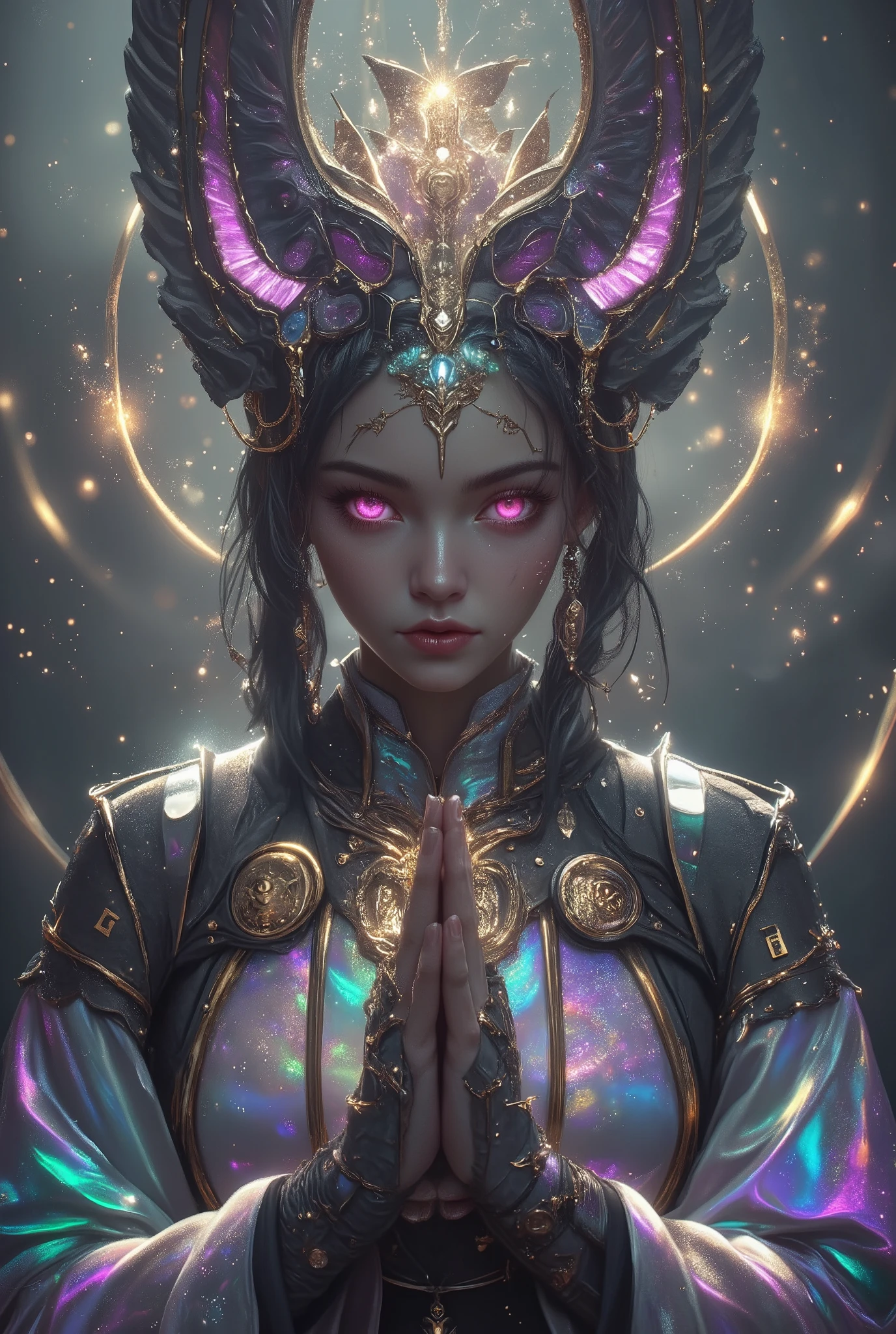 (best quality, 4k, highres, masterpiece:1.2) , ultra-detailed, (realistic, photorealistic:1.37), A surreal, hyper-detailed portrait of a mystical oracle girl, mysterious and beautiful female humanoid creature with glowing pink eyes embedded in its iridescent armor, her hands are clasped together as if in prayer, elegant futuristic kimono with gold accents, monochrome color scheme, dramatic studio lighting, ultra detailed, by H. R. Giger and Yoji Shinkawa, anime style render The background is a misty astral dreamscape, floating with symbolic runes, ethereal lights, and echoes of ancient whispers. Dark fantasy meets bio-surrealism. Inspired by H. R. Giger and Zdzisław Beksiński.