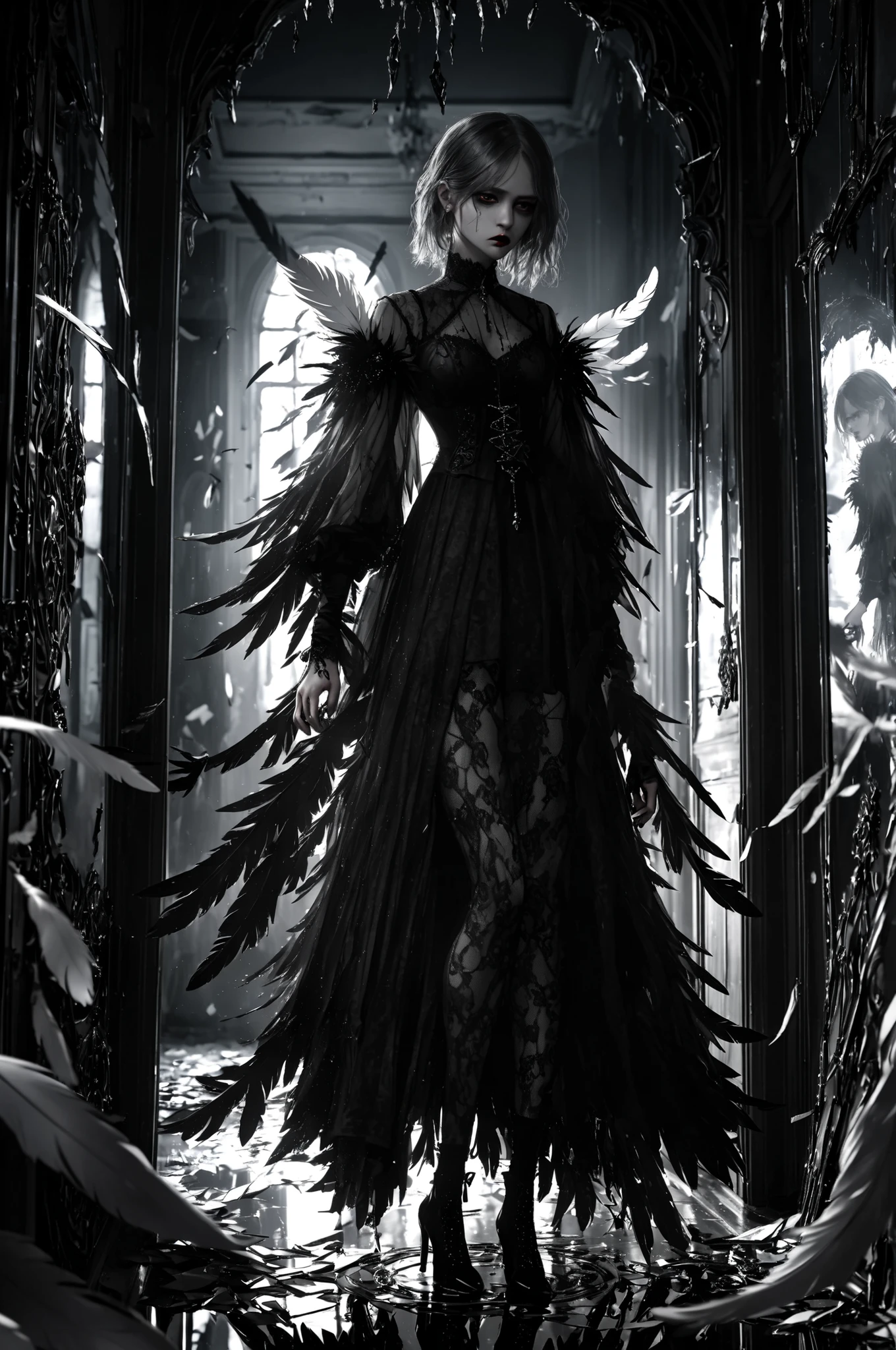 Mysterious woman with translucent void-like feathers blending into dark energy, Eveline's signature gothic lace integrated into her attire, standing in a corridor of broken mirrors where each reflection shows a different facet of her personality, highly detailed facial expression mixing melancholy and menace, ultra-fine texture on both feathers and black fabric