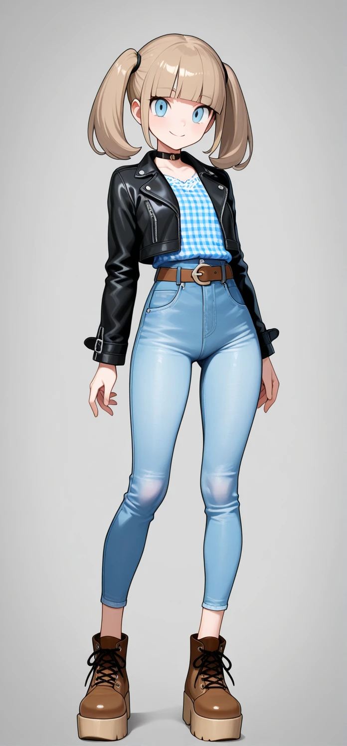 young woman, with short black hair, with bangs, wearing black lipstick and earrings, with freckles on her face, wearing a blouse with thin straps, combat boots and jeans