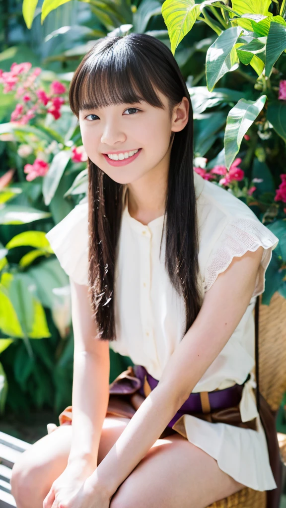 A beautiful girl wearing a red summer knit、terraces、15yo student、