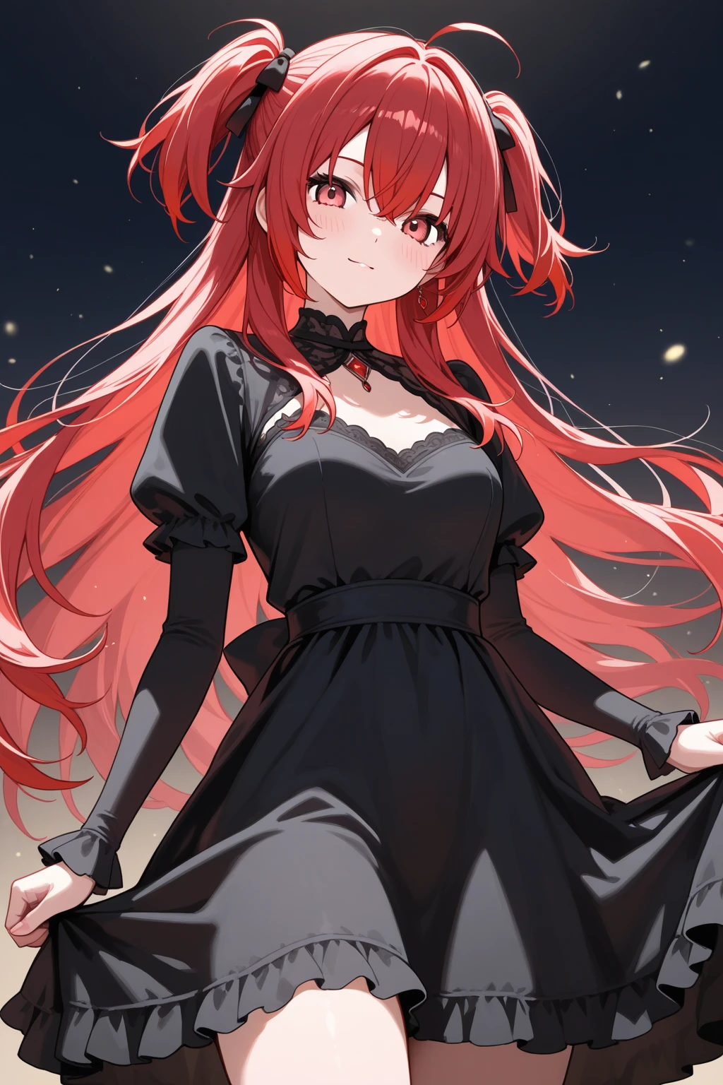 Anime girl with long red hair and black dress standing in front of a ...