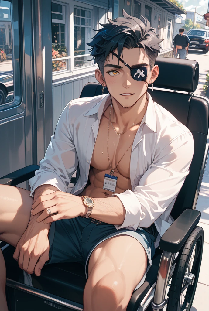 tmasterpiece, Best quality,1男性, black hair color hair, Has gray eyes, the shy, Sweaters, nipple piercing, ear nipple ring, Tired, Black backless cardigan, Cool look, Big fluffy bangs, face flushed, cute smiling, pale nipples, of eyes,