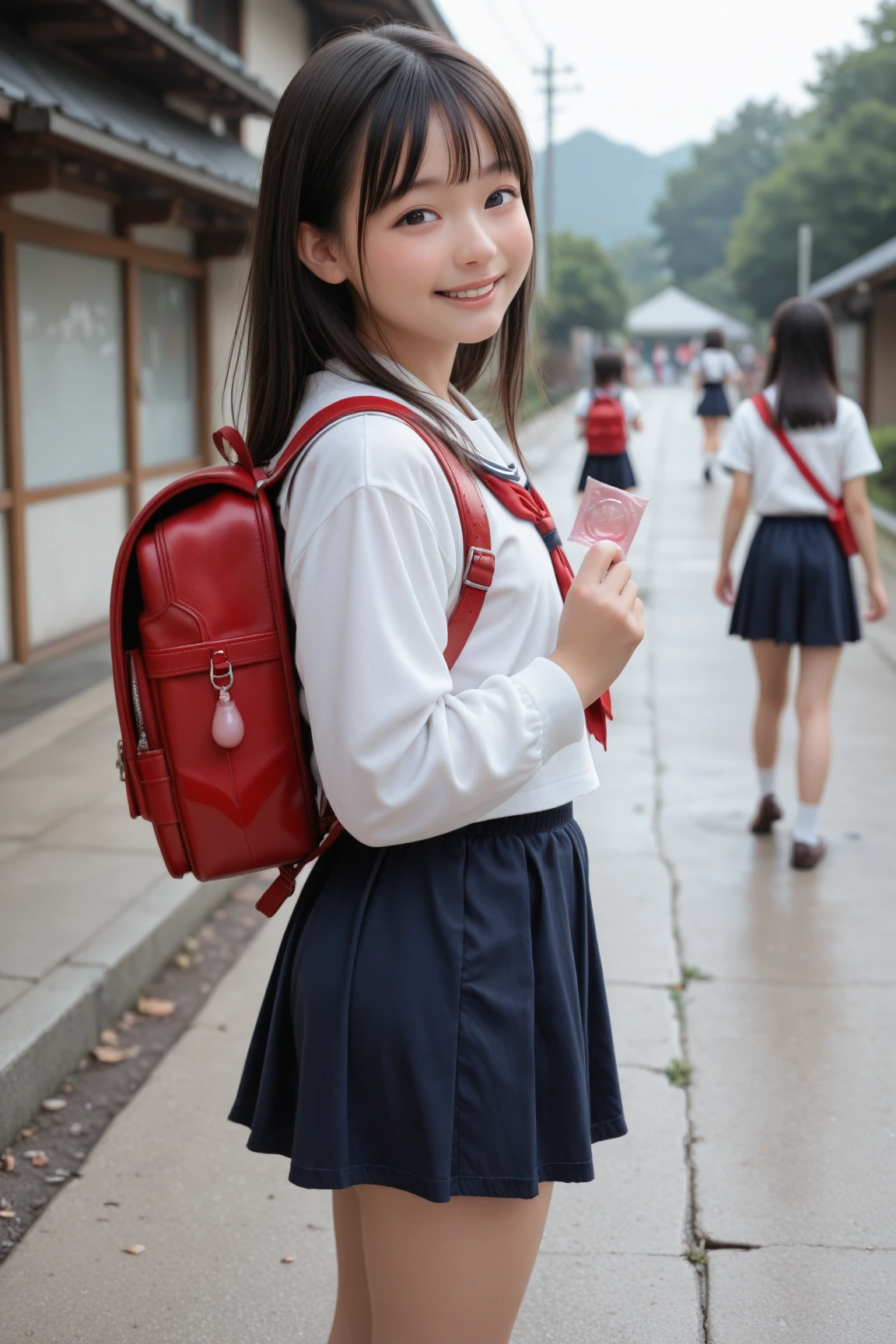 (8k),(masterpiece),(Japanese),(8-year-old girl),((Innocent look)),((Childish)),from the front,smile,cute,Innocent,Kind eyes,Plain T-shirt,Short sleeve,Blue checked short skirt,(Carrying a red backpack),Straight hair,Hair blowing in the wind,Black Hair,Somewhat strong wind,noon,bright