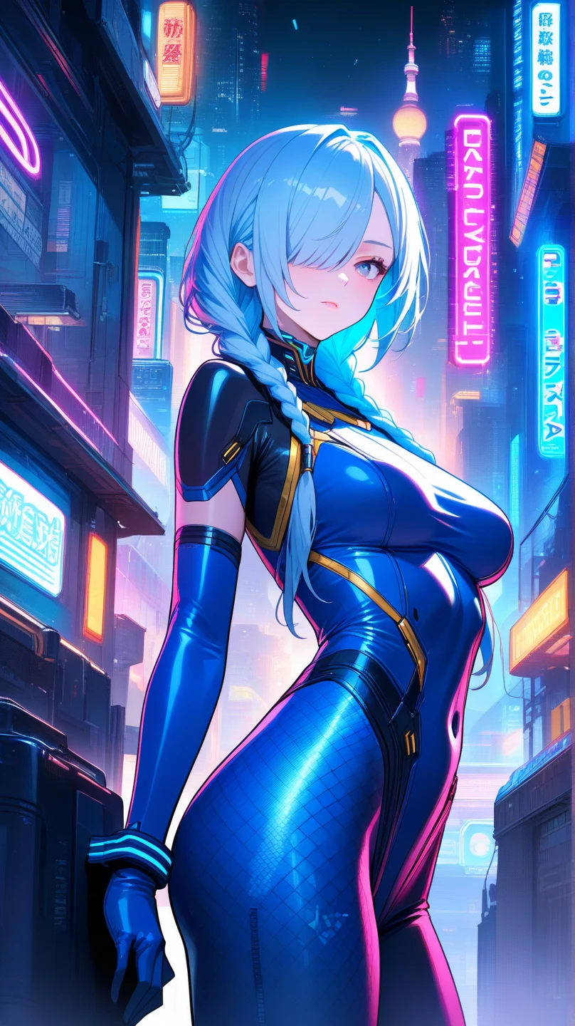 Create a digital anime-style image of a young woman with a modern, blue hair, women's braided hair, eyes blue, lips atractive, beatiful fitness of her body. edgy appearance standing confidently in a dimly lit room with a cyberpunk aesthetic. The woman should tight small suit cyberpunk, sample legs and foot, legs open frontal bedroom, styled hair with vibrant colors, The room cyber high details. hair over 1 eye, cute nose, biting lip,seductive,white choker, pink lips, freckles, large breasts, pretty girl