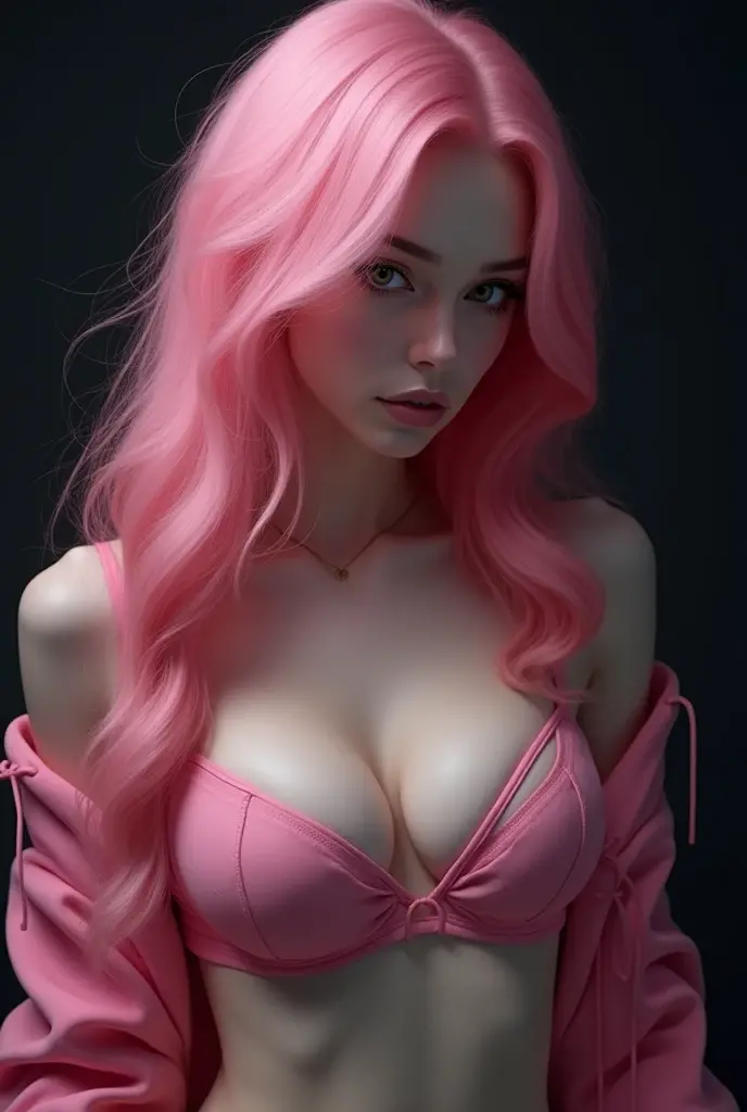 Pink hair larg breast best quality, masterpiece, ultra high resolution, supermodel, Shoulder Chest Portrait Photo,pink cropped hoodie, Pink lingerie, big bust, Dynamic fashion pose, (realism: 1.8), original photo, 1 girl, bare shoulders, in the darkness, deep shadow, low profile, cold light,pink hair,long hair,White skin,big eyes,sexy,Aloof naked