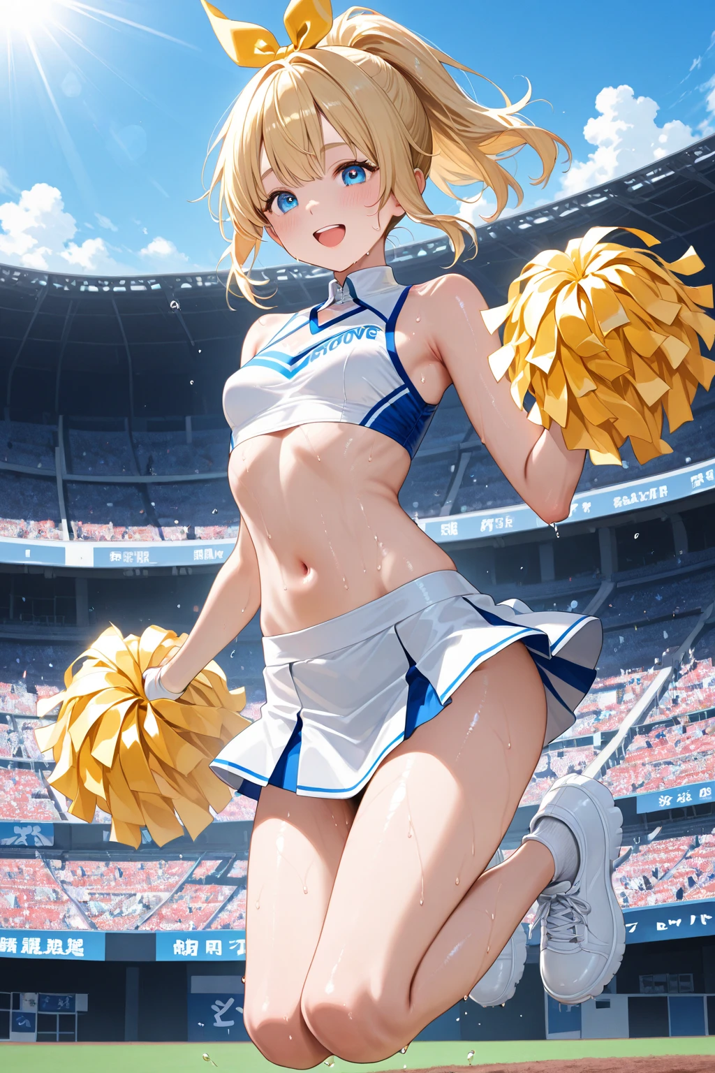 High Definition Anime 8K Wallpaper), (Very Delicate and Beautiful), (Best Quality:1.0), (Ultra High Definition:1.0), (Very Delicate Hair), (Very Delicate and Detailed Eyes)Realistic Shadows, [High Definition], Detailed Skin, (Very Delicate Eyes), (Cheerleading), (Full Body), Large Breasts, Lower, (Sweaty), Sweaty Wet Clothes, (Yellow Clothes), Miniskirts, Navel Dashi Cheer, Playground, (Jump), (JUMP), jumping with bent legs, air, blue sky, meadow, smile