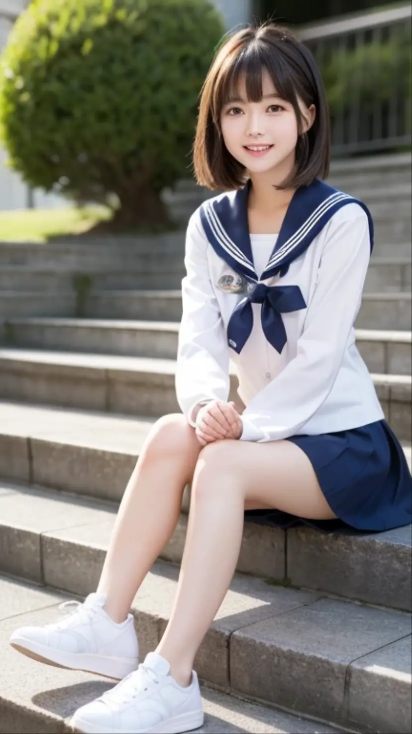 High resolution、Realistic、RAW Photos、Detailed Background、Beautiful in every detail、Highly detailed face、Teenage beauty、Huge breasts、Perfect body line、Bobcut、ponytail、Long Hair、Shiny navy blue sailor suit、White sailor collar、Navy blue mini pleated skirt、White Stockings、cute仕草、A big smile、smile、(Panty Shot)、(Underboob)、
(With landmarks in the background、A beautiful girl squatting playfully, photographed from below:1.5)、Tokyo Sky Tree、Tokyo Tower、cute