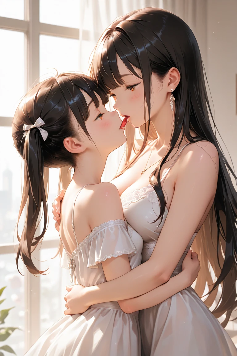 (1 front photo), (1girl)beautiful face, Highly detailed face and skin texture, (fine eyes), brown eyes, double eyelid, thin eyebrows, glitter eyeliner: 1.2, natural cheeks, shiny skin, white skin: 1.2, (glossy lips: 1. 4), ((incoming kiss,closed eyes)), (18-year-old), (Straight ponytail, brown hair, diagonal bangs))((upper body shot)), (Focus on the chest and face), (nude)