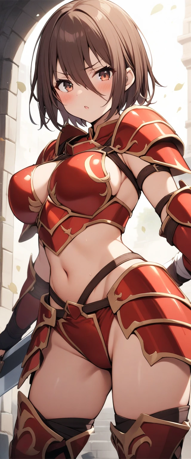 (masterpiece), best quality, expressive eyes, perfect face, ((gold and crimson armor)), closed smile, athletic body, slim figure, lace bikini, thong, exposed midriff, large breasts, cleavage, fishnets, watercolor, fire background. fire magic, sunset