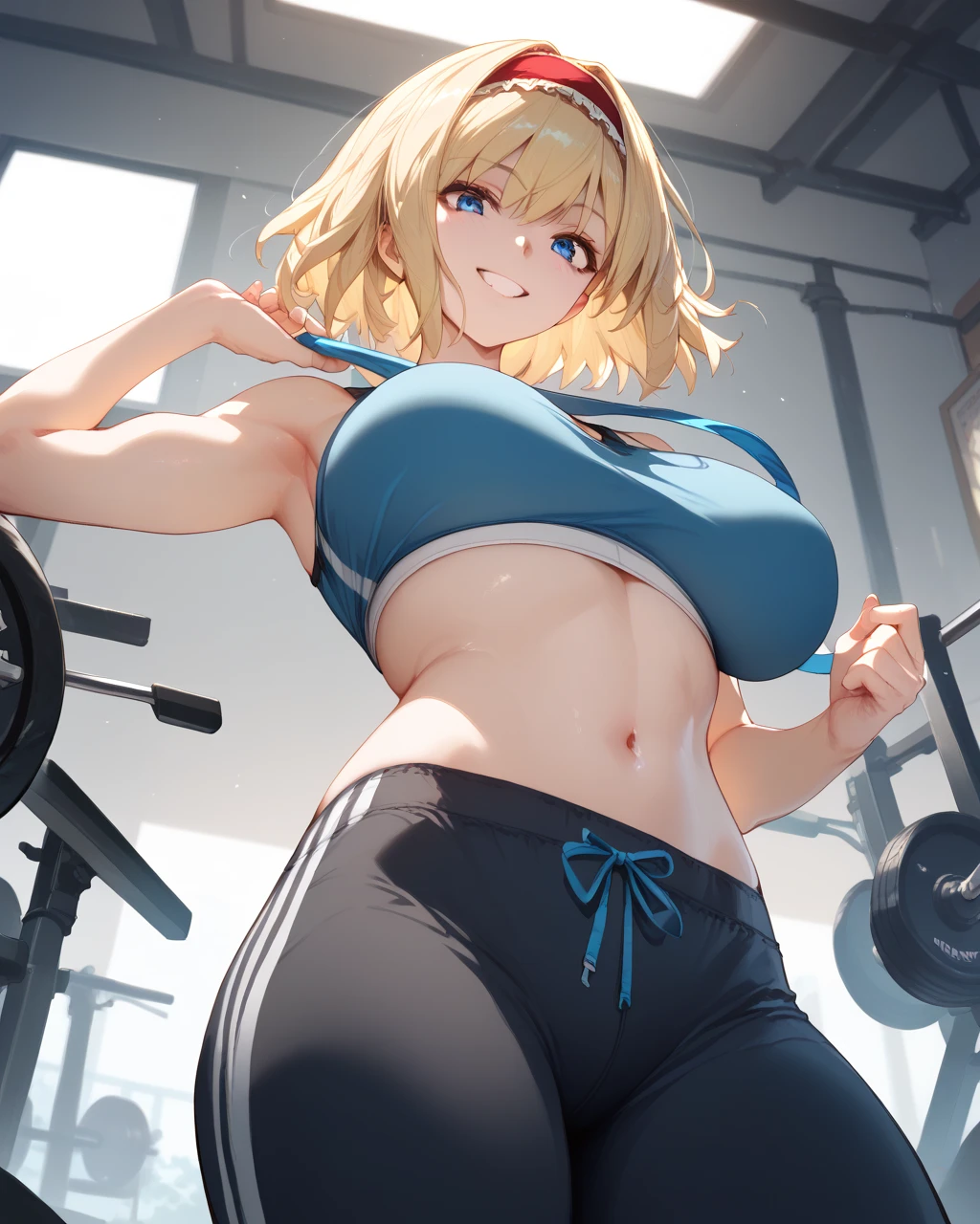 最high quality、best image quality、masterpiece、girl((20-year-old、 By becoming、vest bust、medium bust,wide open breast tea、Shining eyes, blonde、long hair、thin,highest valley、ponytail、action of looking up、Bandage on right arm、Sportswear with a wide open chest、short belly blue pants、cool pose、holding a black smartphone、sweating、smile、movement of leaning forward)),high quality、beautiful art、background((cyber sports gym))、flight、debris flies、Depth of written boundary、movie、visual art、perfect art、8K,genuine、