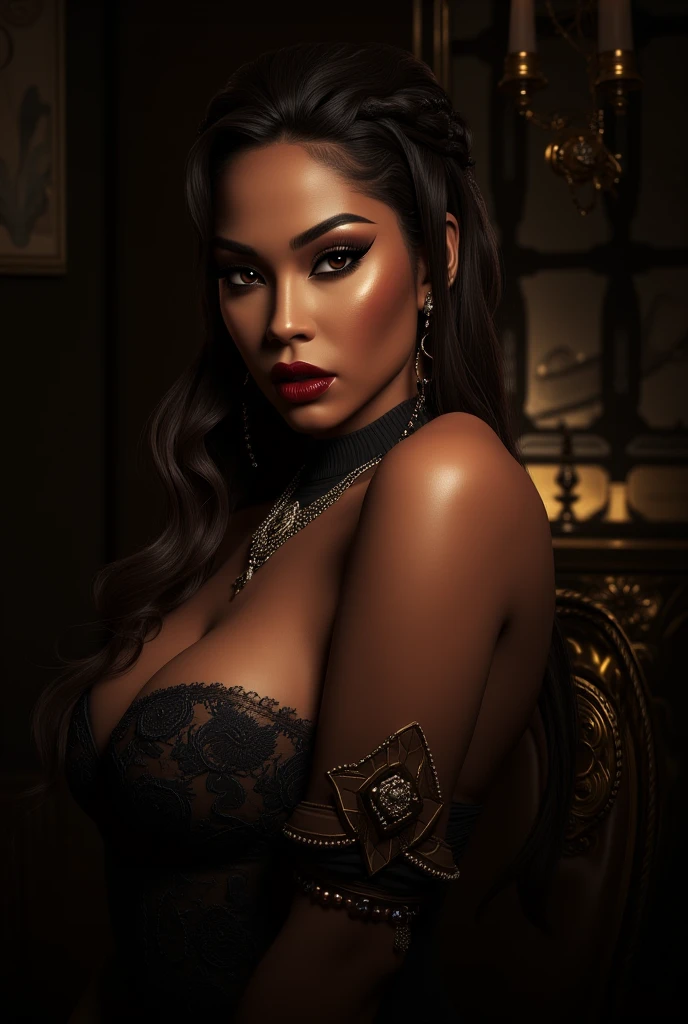 Create a photo realistic hyper realistic heavily tattooed Hispanic, perfect face, thin curved natural eyebrows, long luscious eyelashes, black eyeliner, black eye shadow, curved lips, bright lipstick, long luscious natural hair, black lace choker collar, golden ratio body, black corset, black thong, sitting in a bed one and in hair the other hand over mouth,