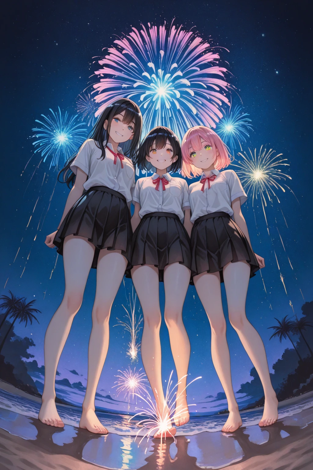 (((masterpiece, highest quality, High resolution, 超High resolution, Perfect Pixel, Depth of written boundary, 4K, RTTX 10.0))), Beautiful Anime Woman, Beautiful art style, Anime characters, ((Smooth texture, Realistic texture, Anime CG Style)), Exact finger count、Exact number of legs、(Exact number of arms:1.0, Exact number of hands:1.0), (Perfect hands, Perfect Anatomy), Cinematic, Realistic, Extremely detailed CG, Daytime lighting, Perfect lighting, Best Shadow, The best natural light, whole body, Perfect body, (Slender body:1.2), whole body, ((Long Hair, bangs, Dark brown hair, fashionable and cute hairstyle)), ((Four pretty women stand side by side, lifting their skirts:1.3)), (Fashionable white shirt, Sailor collar, Knee-high socks, loafers, Pleated mini skirt:1.3), ((Sexy and cute panties, Stylish shiny satin panties, Side-tie panties, Small lace panties:1), White panties, Dark pink panties, Light blue panties, Blue panties:1.3), (Beautiful and big breasts:1.2), (Beautiful and thin thighs:1.3), Short torso, Feeling embarrassed, (blush:1.2), (Very embarrassed look:1.2), (At the amusement park, In the background is an amusement park castle, Ferris wheel and roller coaster in the background, Lots of happy people in the background々, Fireworks in the sky:1.3), Angle from the front, All about the same height