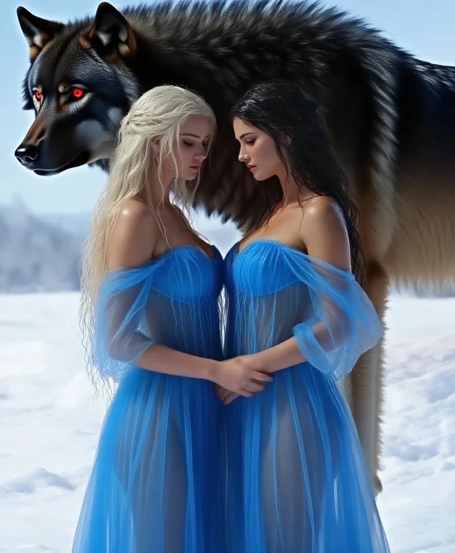 [[2images]] 1a full body image of the most attractive and gorgeous female demon her skin has the texture of porcelain, long black hair and eyes, holding a beautiful blonde hair baby boy, both are looking to the sky, sadness in their faces, grey sky. High quality, 8k, ultra high res, High contrast and low saturation, (Anatomy-based character design).