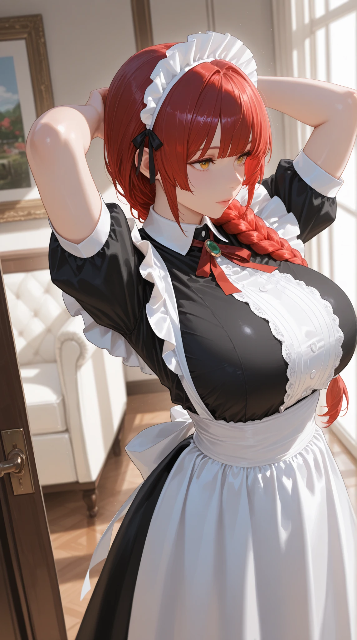 Red-haired robot maid, cleaning the house, wearing a short dress that ends up revealing her curves, detailed image, professional photography, masterpiece, rich in detail, realistic scene, 8k