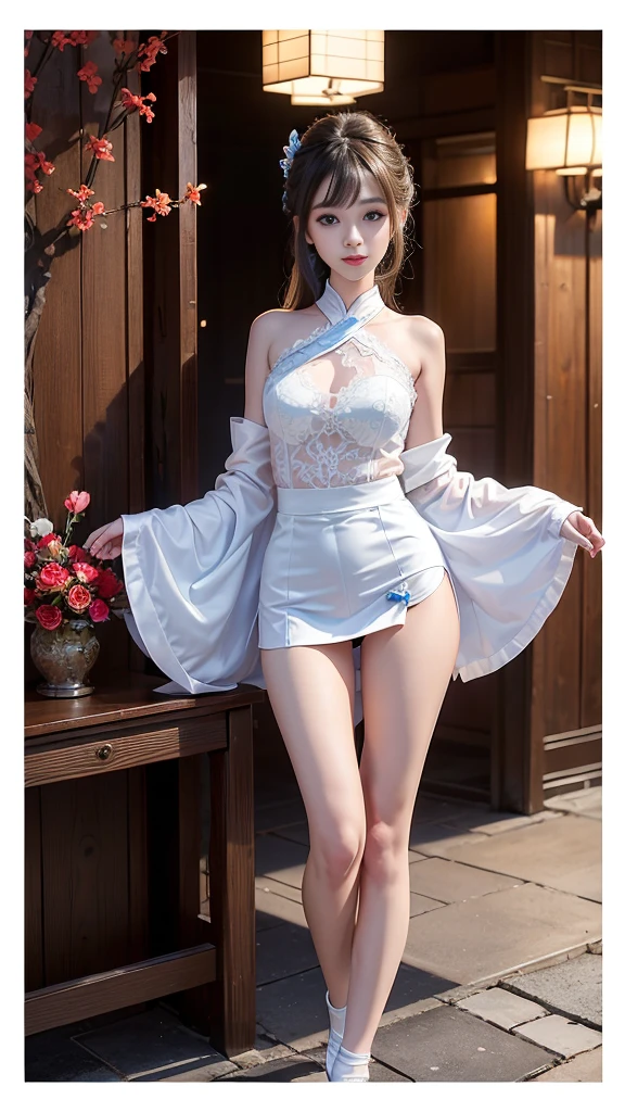 (masterpiece:1.3), (photorealistic:1.37), cinematic lighting, best quality, highres, super detail, (A Indian fashion model, 22-years-old), (light dark makeup [[pink lipstick]], eyeliner:1.32), ((view the viewer)), (big full breasts:1.4), (narrow waist:1.22), (medium ass), beautiful cheekbones, (slim belly: 1.22), (very slim, well-muscled body:1.22), ((Ultra-detailed face)), ((Ultra-detailed eyes)), The attention to detail, Double eyelids, Wear an off-the-shoulder top, full bodyesbian, ((light Black medium hair ((slicked to the two side)), extremely detailed)), ( ((Brown eyes)) ), 16K, UHD, Extremely detailed, voluminetric lighting, slender, ((big open cut: 1.23)), ((very intricate design of epic bodysuits:1.3)), ((highest quality materials, amazing cut, excellent workmanship)), (rich including decorative embroidery:1.43), (white epic lace:1.44), ((silken skirt, (tinyskirt:1.27), no_panties, curvy)), (((short skirt, that wraps around the hips))), ((dynamic pose)), walking, running