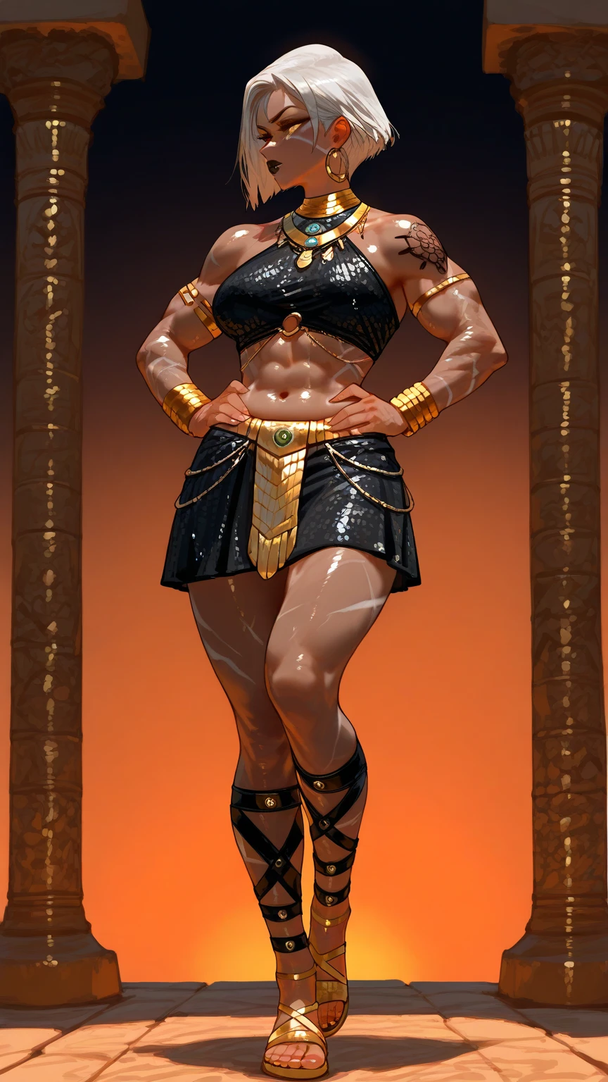 ((plain background:1.2, 1sologirl)) full body standing barefoot hands on waist navel, purple skin, drow, elf, Madura, Detailed happy face, purple eyes, white hair bob style, gold bikini, well defined six pack abs, Large knockers, black leather choker with gold cow bell, gold chain necklace, golden bracers on feet and arms, golden gloves
