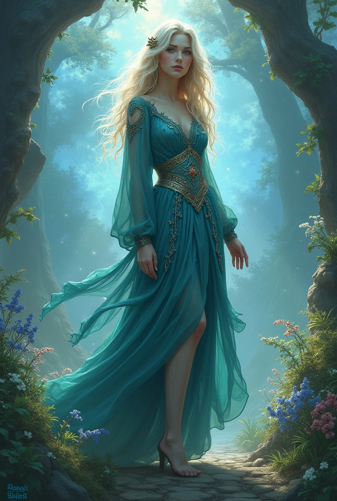 fulbody beautiful woman, long blonde hair, Surrounded by trees, see-through turquoise dress, hair exploding into multicolored blue and violet flowers, finely detailed features, intricate brush strokes, beautiful lighting, Cinematic, Color Grading, Depth of Field, intricate details, Unreal Engine, Character Concept Art, creative, expressive, stylized anatomy, digital art, 3D rendering, unique, award-winning, Adobe Photoshop, 3D Studio Max, well-developed concept, distinct personality, consistent style, HW*
