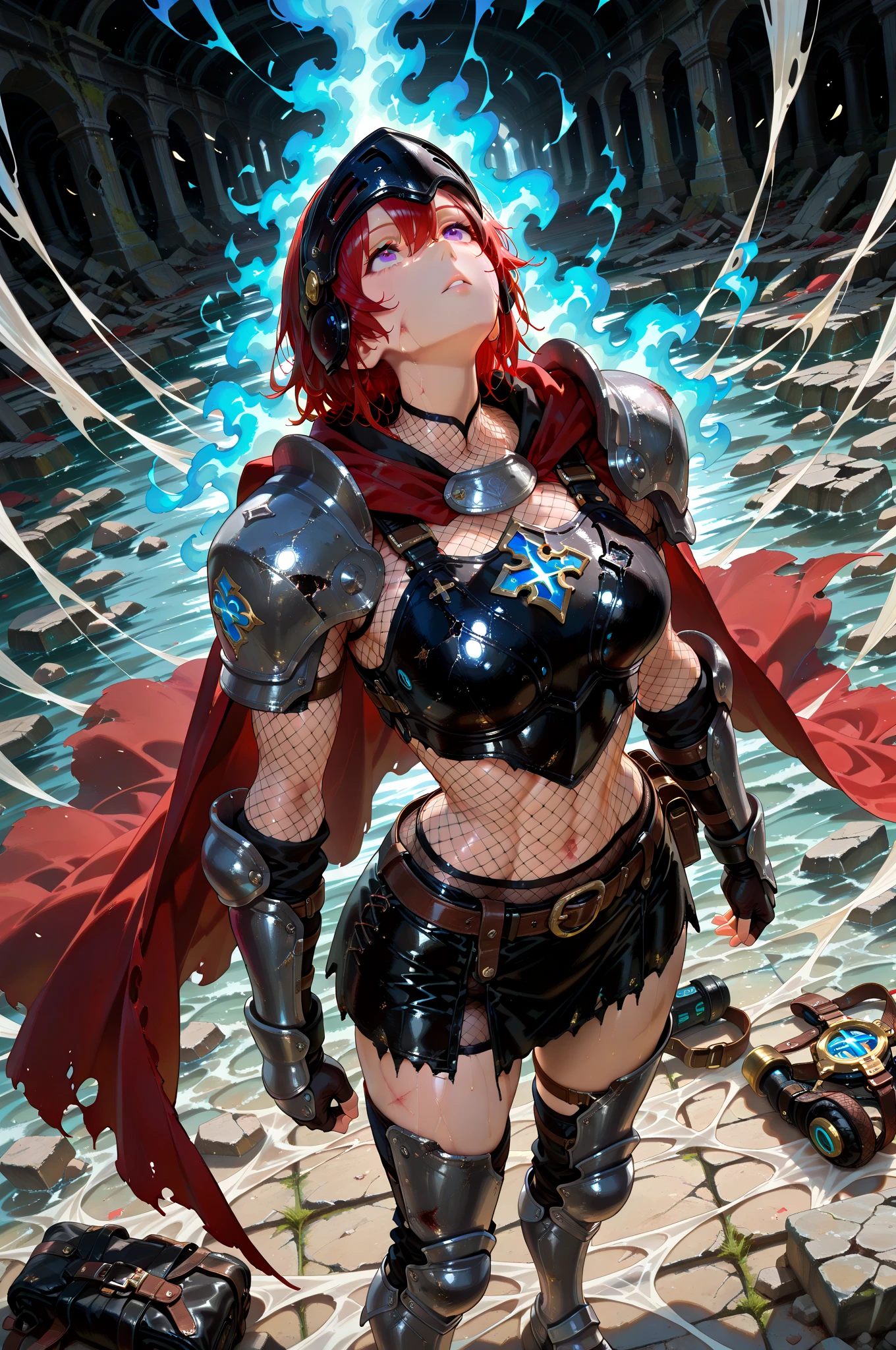 Adult female, fantasy, fantasy Colosseum, bloody, happy, bloody smile, perfect smile, highly detailed, very short red hair, emerald irises, barbarian, toned body, well-defined abs, thin black robes, fighting, perfect detail, perfect eyes, black pupils, vibrant eyes, thunder thighs, alone, solitary fighting