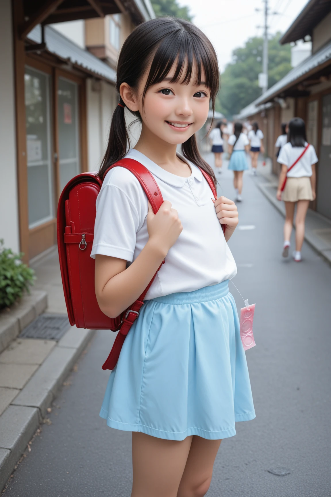 (8k),(masterpiece),(Japanese),(8-year-old girl),((Innocent look)),((Childish)),from the front,smile,cute,Innocent,Kind eyes,Plain T-shirt,Short sleeve,Blue checked short skirt,(Carrying a red backpack),Straight hair,Hair blowing in the wind,Black Hair,Somewhat strong wind,noon,bright