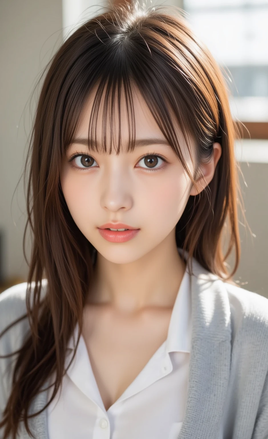 best quality, face focus, soft light, ultra high res, (photorealistic:1.4), RAW photo,
1japanese girl, solo, cute, (pupil, lights in the eyes),  detailed beautiful face, (),(high resolution detail of human skin texture),
(long hair),
indoor,
Damask Shirt Dress,
(portrait)