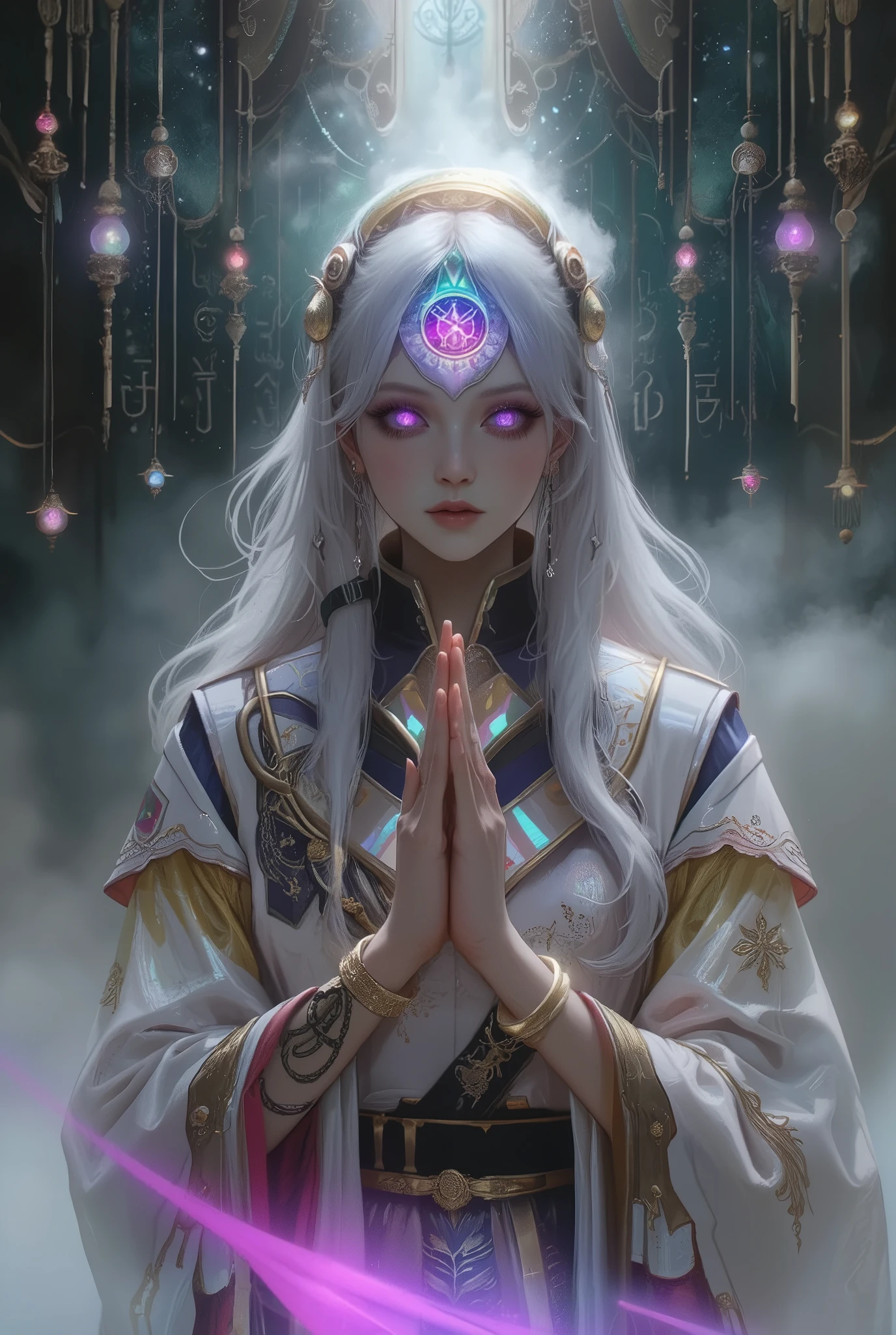 (best quality, 4k, highres, masterpiece:1.2) , ultra-detailed, (realistic, photorealistic:1.37), A surreal, hyper-detailed portrait of a mystical oracle girl, mysterious and beautiful female humanoid creature with glowing pink eyes embedded in its iridescent armor, her fingers interlaced in a reverent, prayerful pose, elegant futuristic kimono with gold accents, monochrome color scheme, dramatic studio lighting, ultra detailed, by H. R. Giger and Yoji Shinkawa, anime style render The background is a misty astral dreamscape, floating with symbolic runes, ethereal lights, and echoes of ancient whispers. Dark fantasy meets bio-surrealism. Inspired by H. R. Giger and Zdzisław Beksiński.