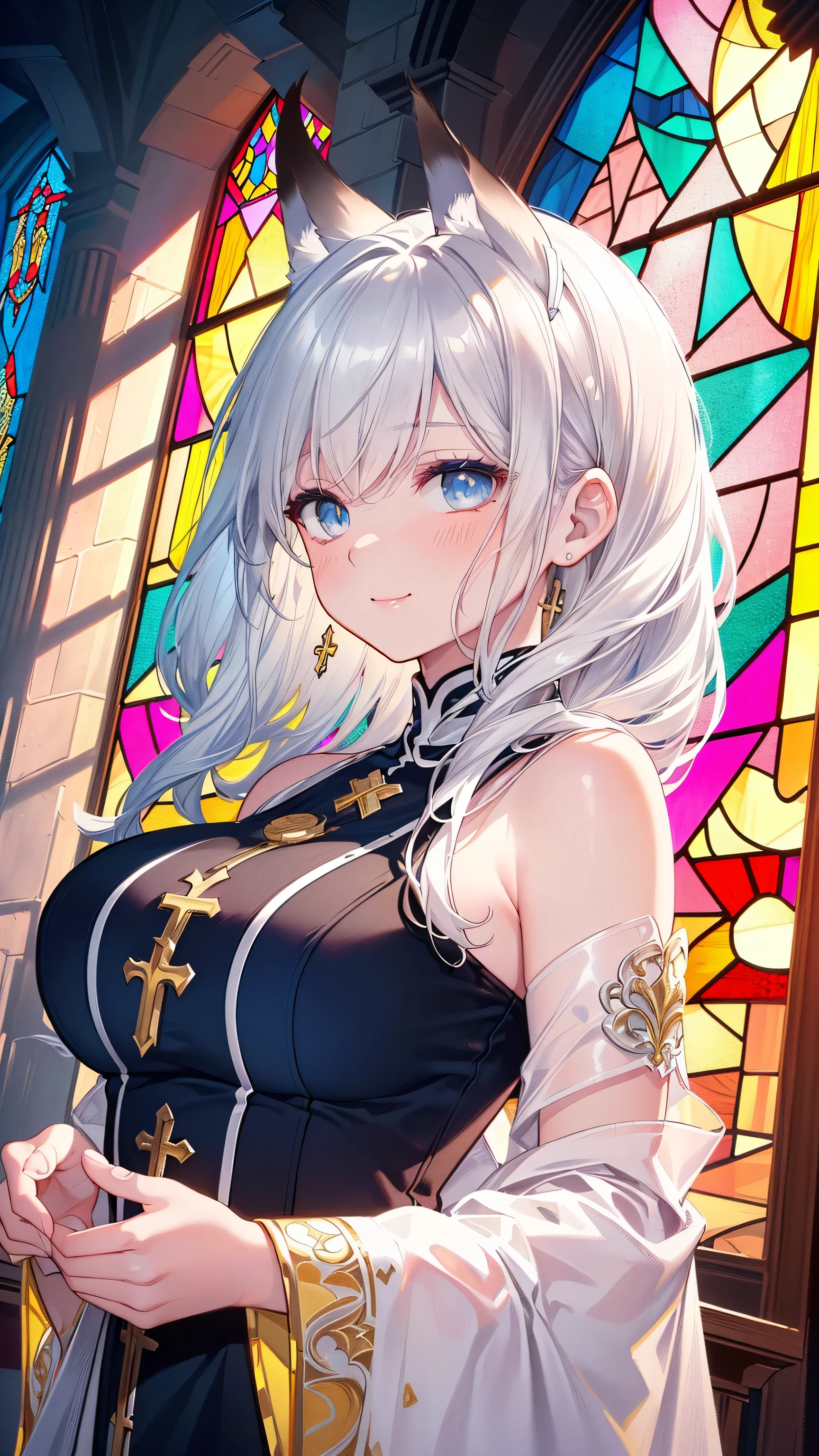 Illustrator, anime , Realistic ,sketch , 1 person, model, Age 25, lip, Sexy and revealing white and gold sheer priest mini dress(Holy Gun), order, Blue gradient background, Neon Hair, Big Breasts, Her cleavage is visible, look back, Upper Body, Sexy look, Texture Trim, Russia, (masterpiece,Highest quality)