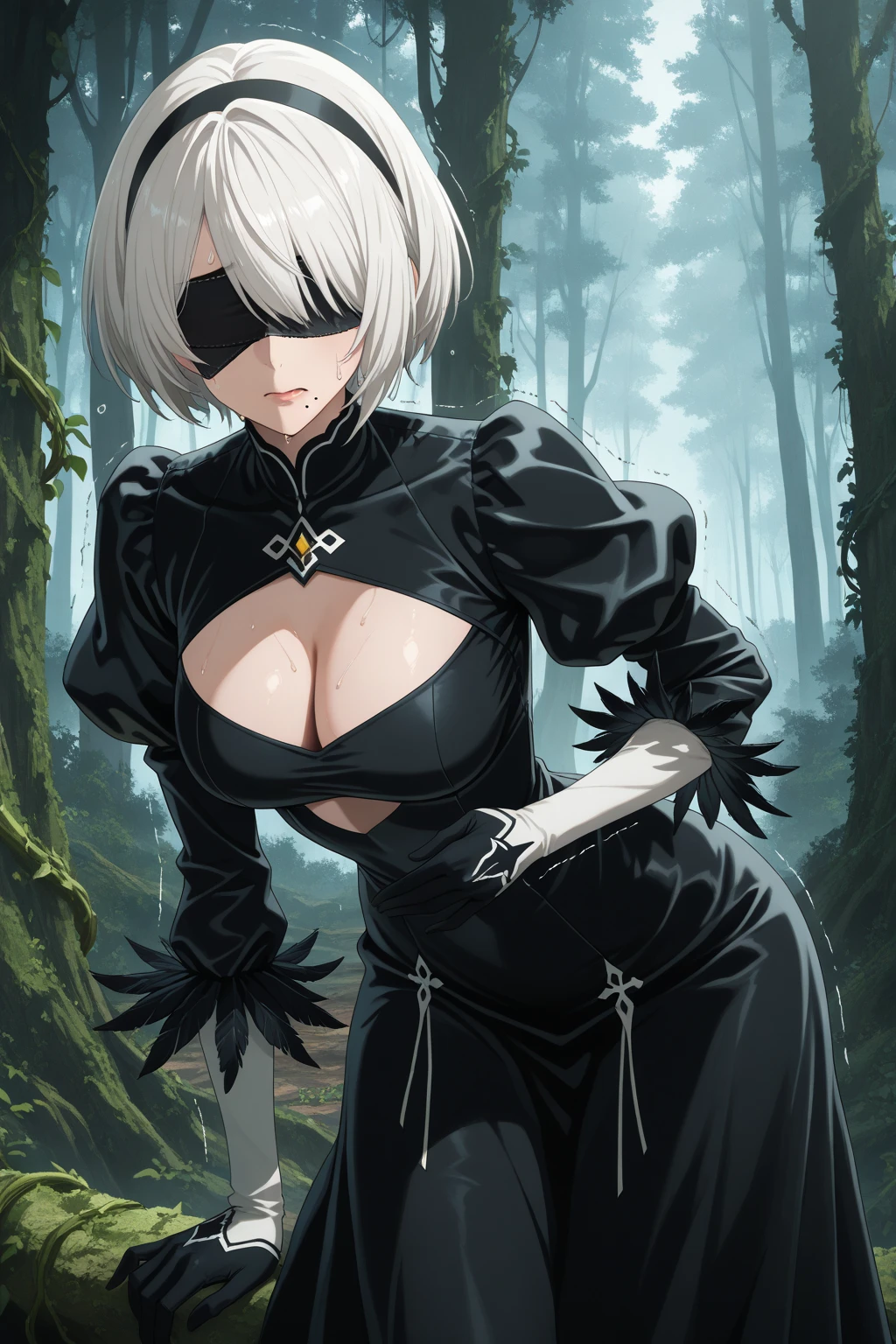 ((masterpiece, best quality:1.4)), illustration, 8k, hd, cowboy shot, anime style, detail face, detail eyes, necromancer girl, tomb, black robe, black royal dress, (massive boobs), massive ass, short white hair, green eyes, mature, (angry), ((green glowing eyes)), (royal bone crown with jewels, bone shoulder armour, jewels), (holding skeleton staff, skeleton stuff with green crystal), skeleton armour