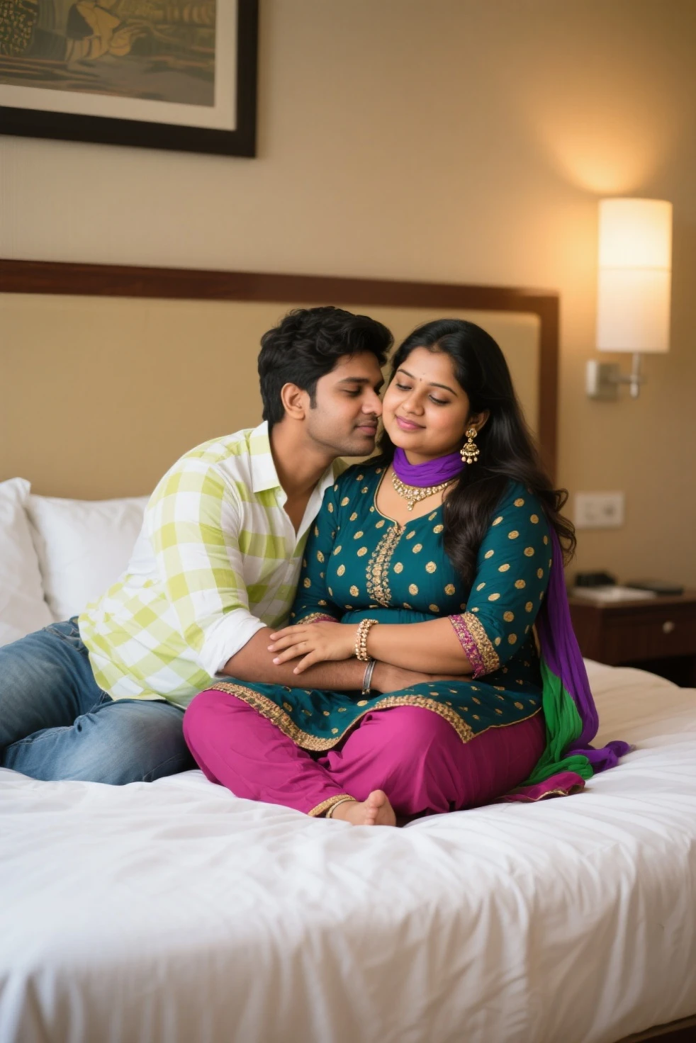 A radiant, full-figured plus sized South Indian 45 year old bride wearing a transparent blue colour silky saree standing hugging and kissing a 23 year old boy in a living room, , captured in a full-body image with vibrant hues and meticulous details. Full body image