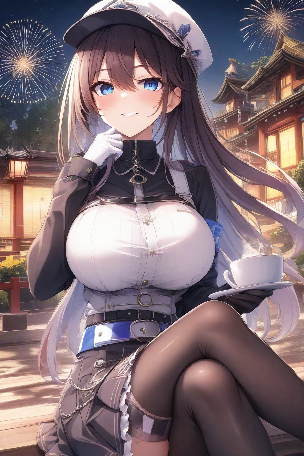 beautiful, masterpiece, best quality, extremely detailed face, perfect lighting,
dynamic pose, arm behind back, 
astaroth, solo, aqua eyes, blush, smile,
black hair, long hair, straight hair, huge breasts, blue hair tubes,  white kimono, japanese clothes,  cleavage, collarbone,  obi, blue highleg, highleg, cameltoe, white thighhighs, 
outdoors, night sky, cityscape, tower, 1boy, 1girl, (((vulgarity))), (cowgirl position), sit astride, (girl on top), (straddling), hetero, trembling, humid, nipples, ass pov, (sex), penis, large penis, vaginal penis, cum overflow, pussy cum, pussy juice, sweat, (spoken heart), breast focus,
